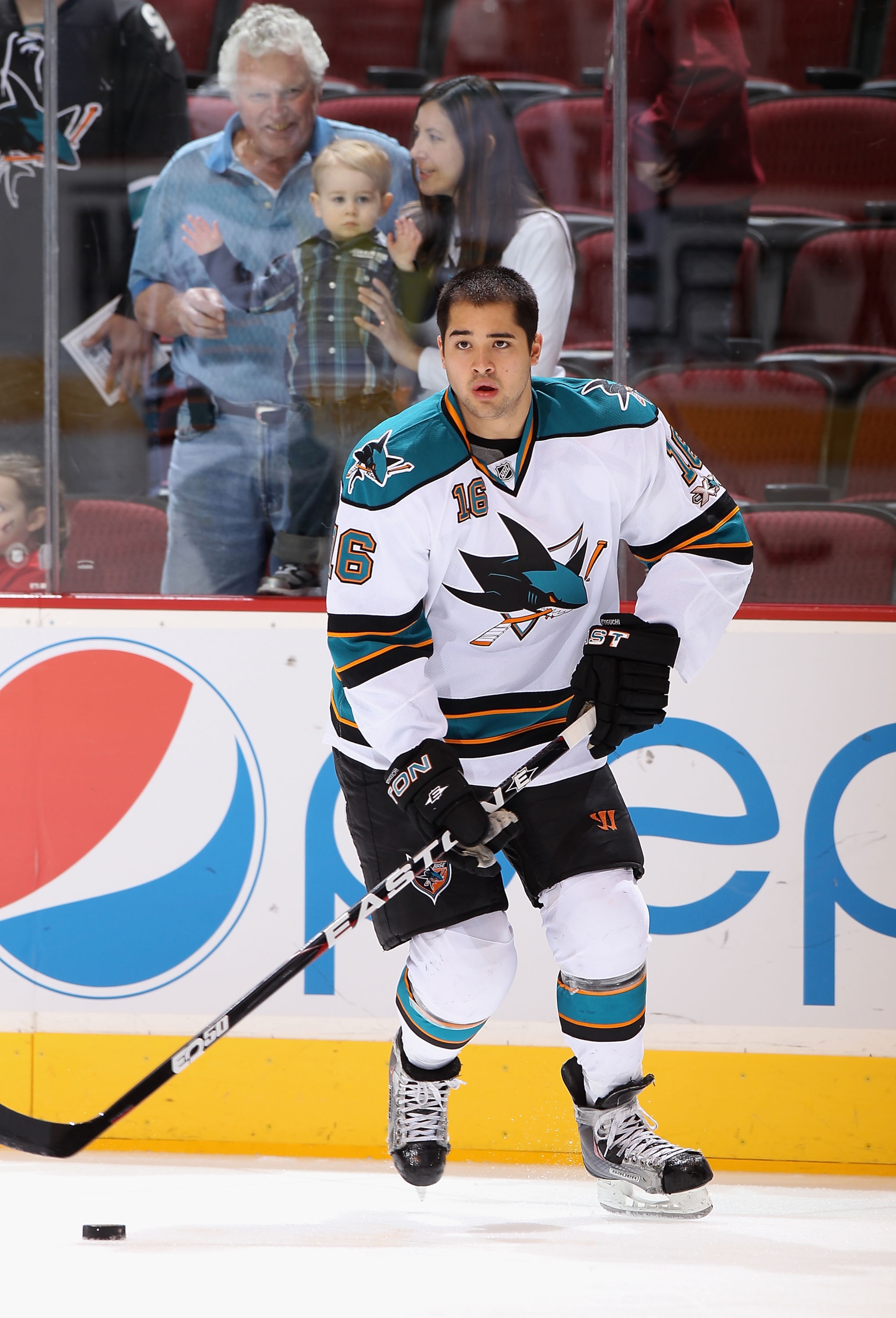 GLENDALE, AZ - JANUARY 17:  Devin Setoguchi #16 of the San Jose Sharks warms up before before the NHL game against the Phoenix Coyotes at Jobing.com Arena on January 17, 2011 in Glendale, Arizona.  The Sharks defeated the Coyotes 4-2.  (Photo by Christian