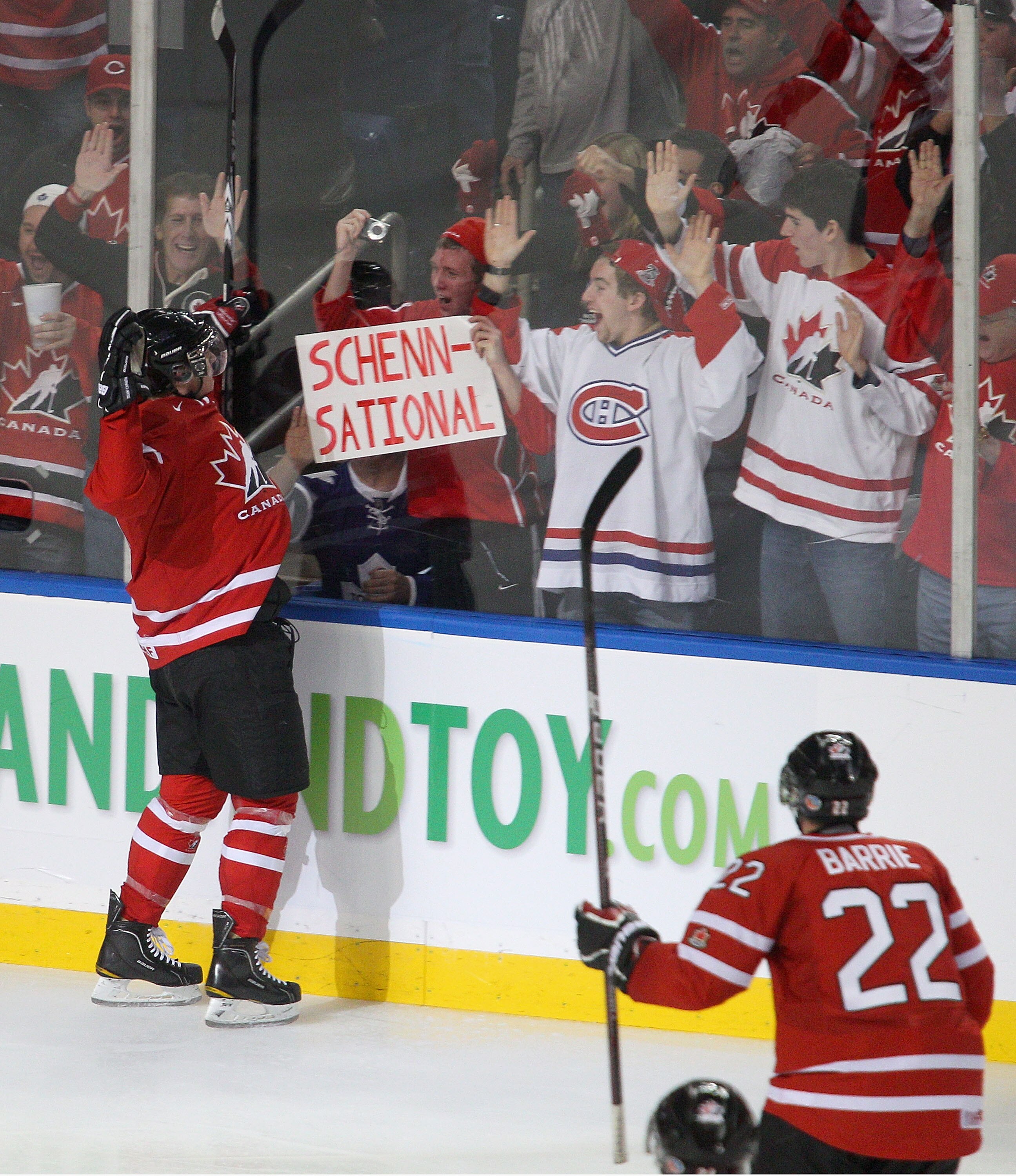 BUFFALO, NY - JANUARY 05: Brayden Schenn #10 of Canada celebrates scoring Canada's third goal against Russia during the 2011 IIHF World U20 Championship Gold medal game between Canada and Russia on January 5, 2011 in Buffalo, New York.  (Photo by Rick Ste