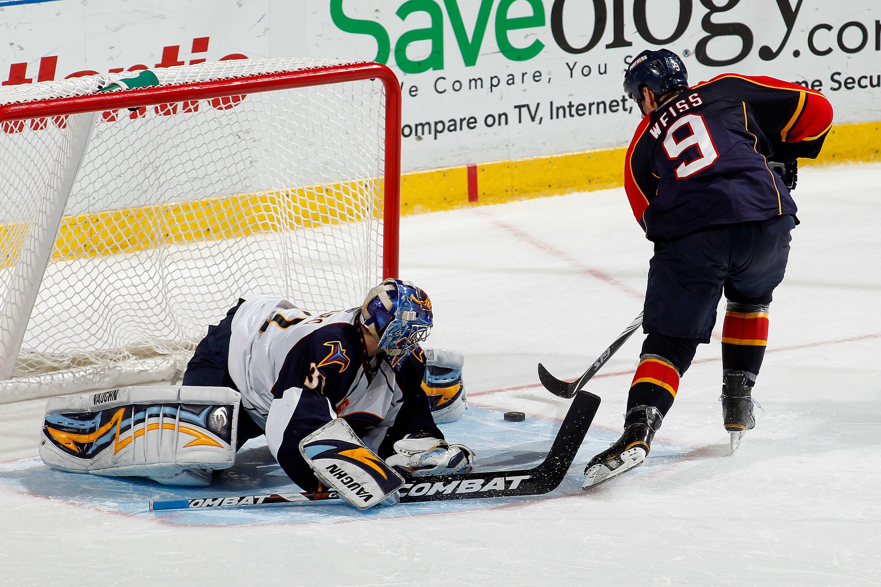 SUNRISE, FL - JANUARY 17: Goaltender Ondrej Pavelec #31 of the Atlanta Thrashers stops the shoot out shot by Stephen Weiss #9 of the Florida Panthers on January 17, 2011 at the BankAtlantic Center in Sunrise, Florida. The Thrashers defeated the Panthers 3