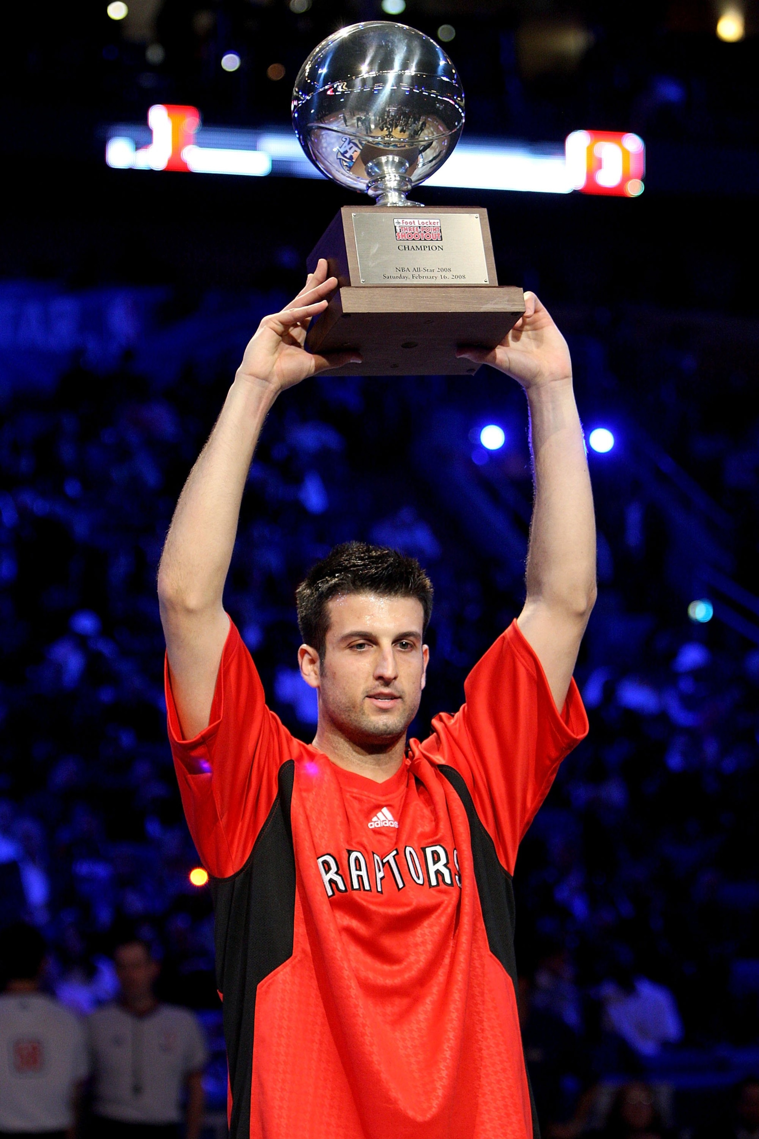 NEW ORLEANS - FEBRUARY 16:  Jason Kapono of the Toronto Raptors holds up the championship trophy after winning the Foot Locker Three-Point Shootout, part of 2008 NBA All-Star Weekend at the New Orleans Arena on February 16, 2008 in New Orleans, Louisiana.