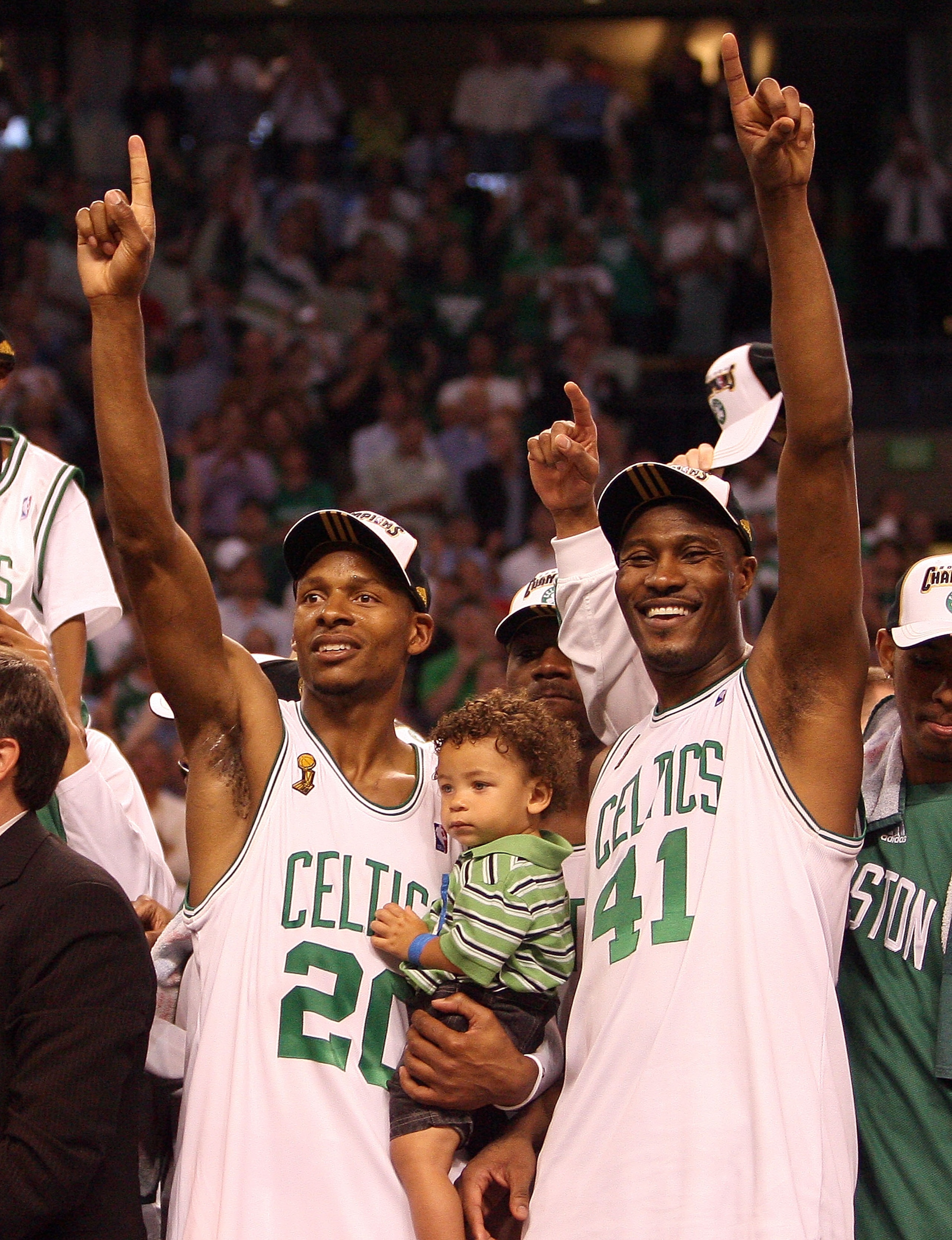 BOSTON - JUNE 17:  Ray Allen #20 and James Posey #41 of the Boston Celtics celebrate after defeating the Los Angeles Lakers in Game Six of the 2008 NBA Finals on June 17, 2008 at TD Banknorth Garden in Boston, Massachusetts. NOTE TO USER: User expressly a