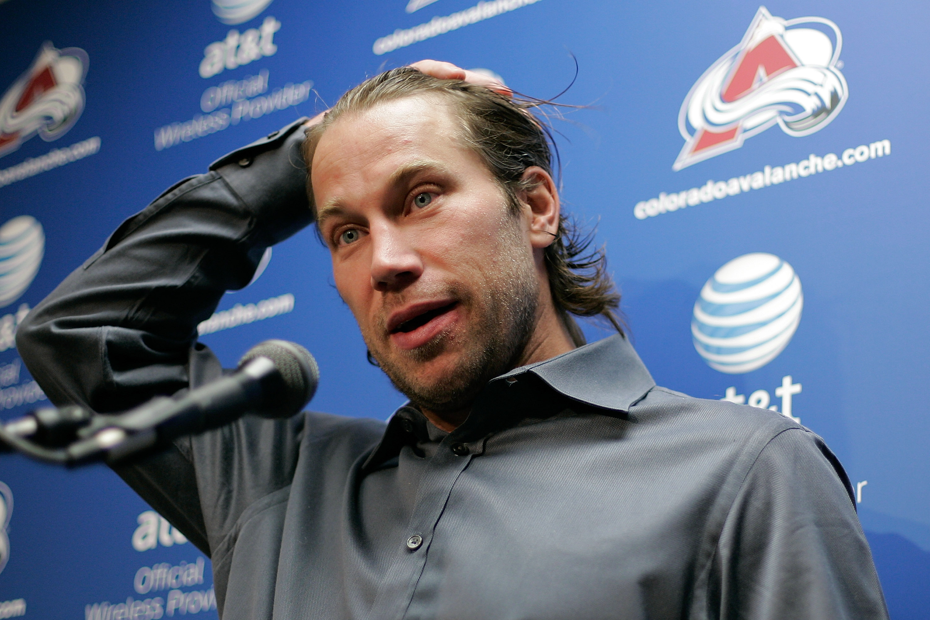DENVER, CO - JANUARY 22:  Peter Forsberg addresses the media following a practice session with the Colorado Avalanche at Pepsi Center on January 22, 2011 in Denver, Colorado. The 37 year old star center ran drills with forward Ryan O'Reilly for approximat