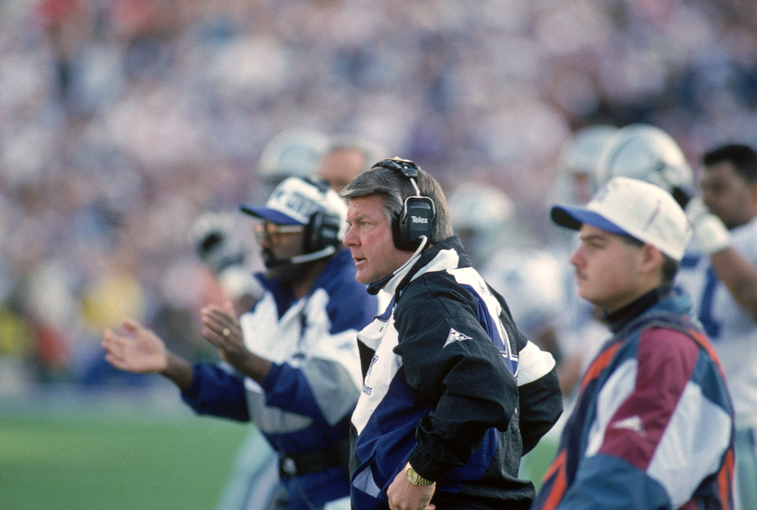 PASADENA, CA - JANUARY 31:  Dallas Cowboys head coach Jimmy Johnson watches the action from the sidelines during Super Bowl XXVII against the Buffalo Bills at the Rose Bowl on January 31, 1993 in Pasadena, California.  The Cowboys won 52-17.  (Photo by Ge