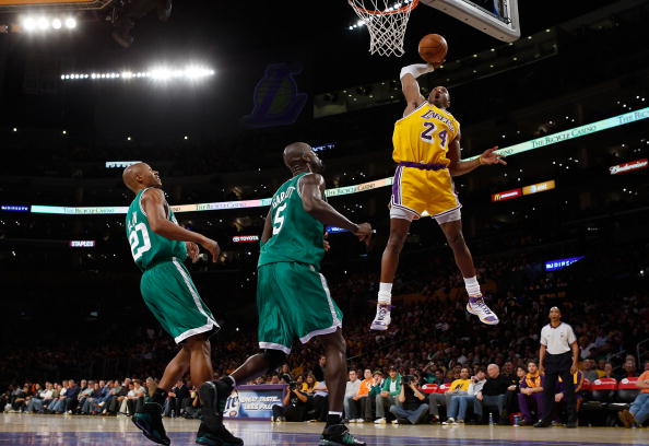 LOS ANGELES, CA - DECEMBER 30:   Kobe Bryant #24 of the Los Angeles Lakers puts a shot up against the Boston Celtics at Staples Center on December 30, 2007 in Los Angeles, California.  NOTE TO USER: User expressly acknowledges and agrees that, by download