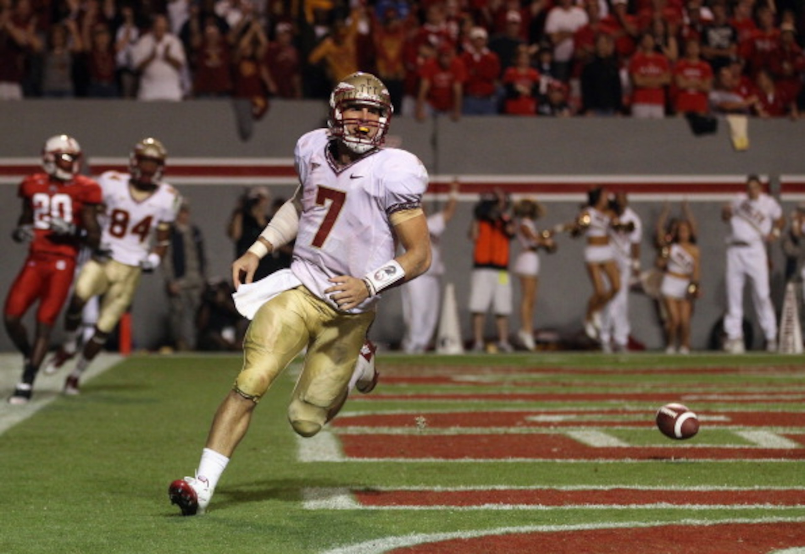 RALEIGH, NC - OCTOBER 28:  Christian Ponder #7 of the Florida State Seminoles celebrates after scoring a touchdown against the North Carolina State Wolfpack during their game at Carter-Finley Stadium on October 28, 2010 in Raleigh, North Carolina.  (Photo