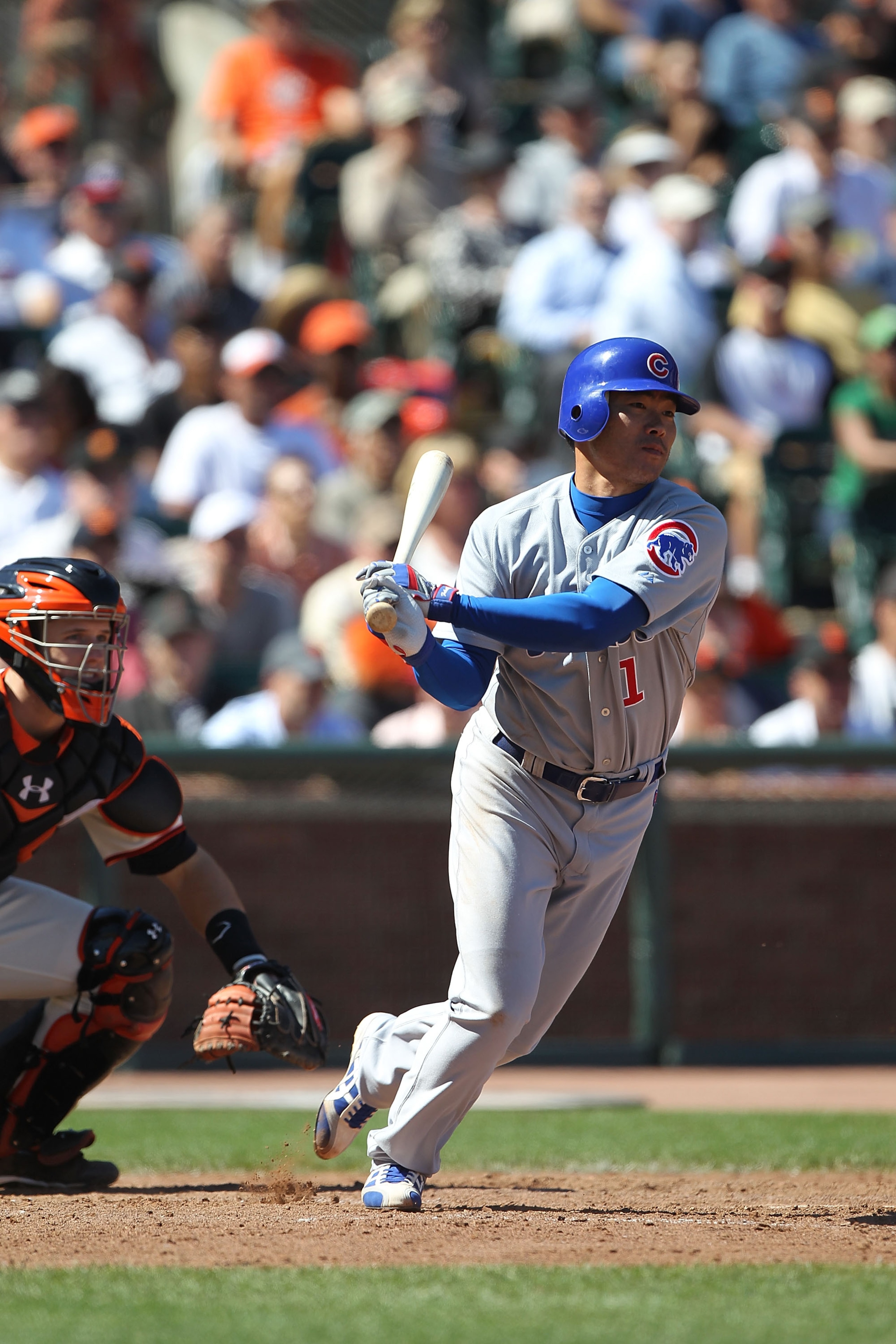 SAN FRANCISCO - AUGUST 12:  Kosuke Fukudome #1 of the Chicago Cubs bats against the San Francisco Giants during an MLB game at AT&T Park on August 12, 2010 in San Francisco, California.  (Photo by Jed Jacobsohn/Getty Images)
