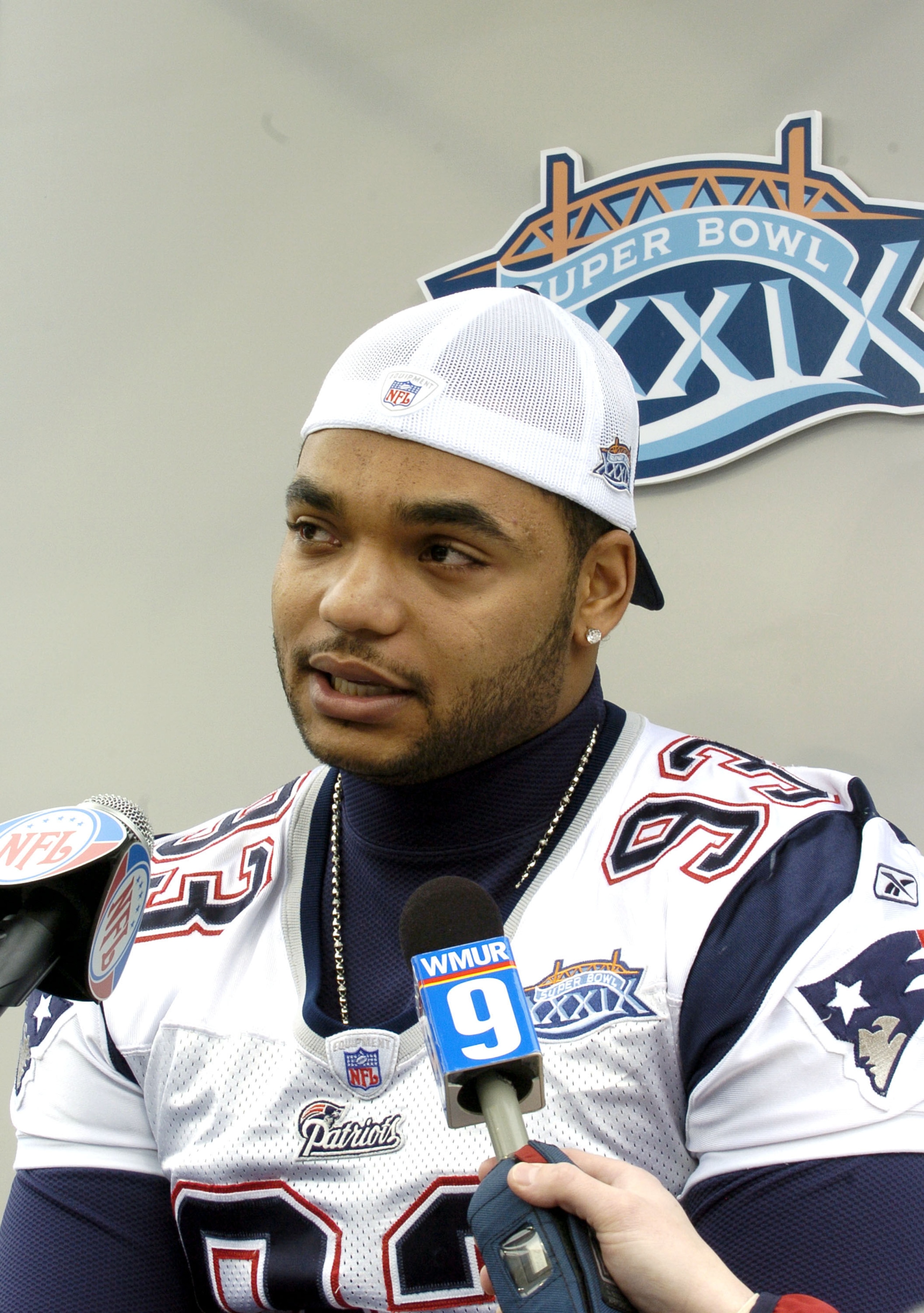 Richard Seymour of The New England Patriots speaks with the media during media day at Alltel Stadium in Jacksonville, Florida on February 1, 2005.  (Photo by Al Messerschmidt/Getty Images)