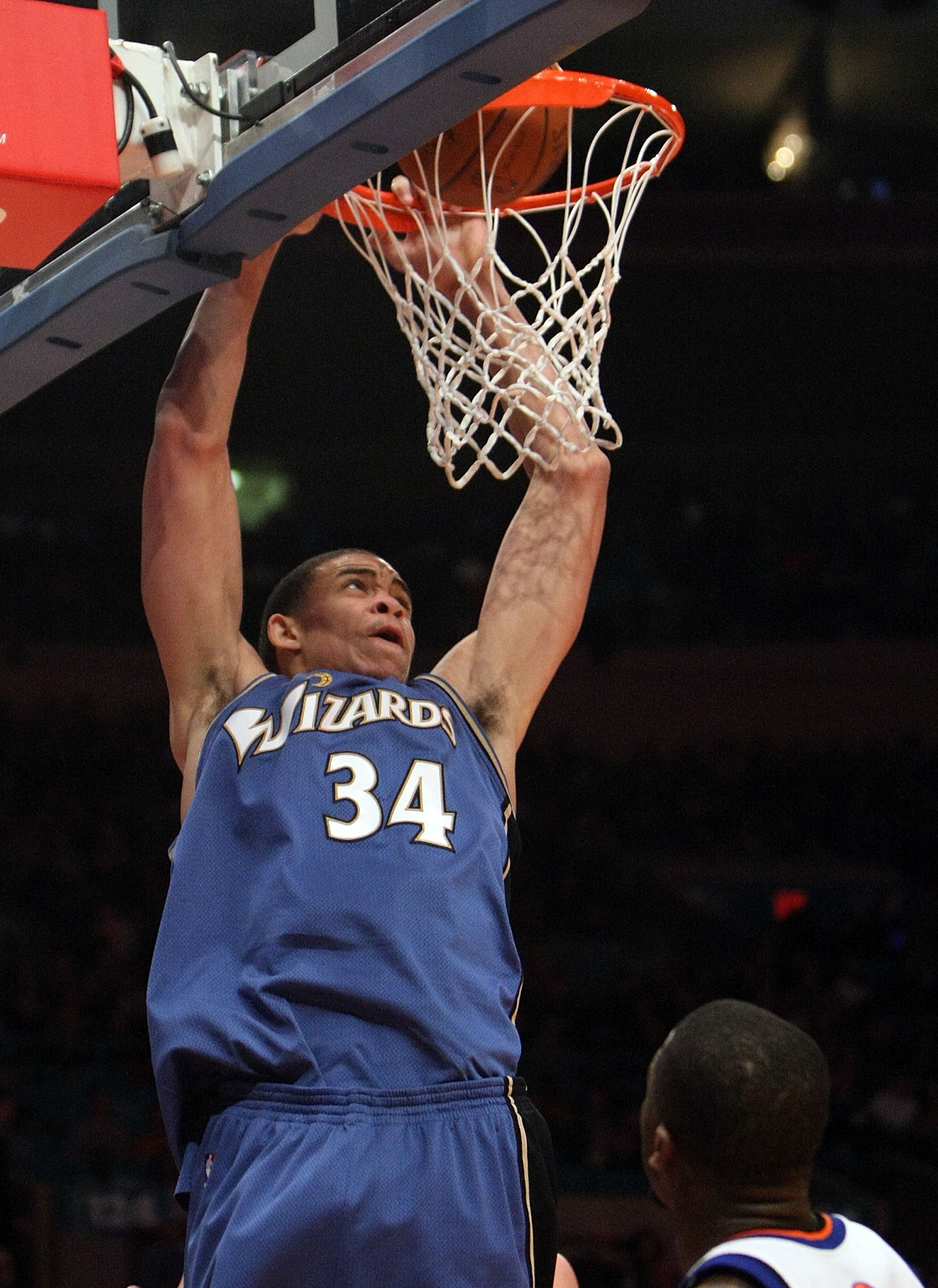 NEW YORK - NOVEMBER 22: JaVale McGee #34 of the Washington Wizards dunks the ball against the New York Knicks on November 22, 2008 at Madison Square Garden in New York City. NOTE TO USER: User expressly acknowledges and agrees that, by downloading and or