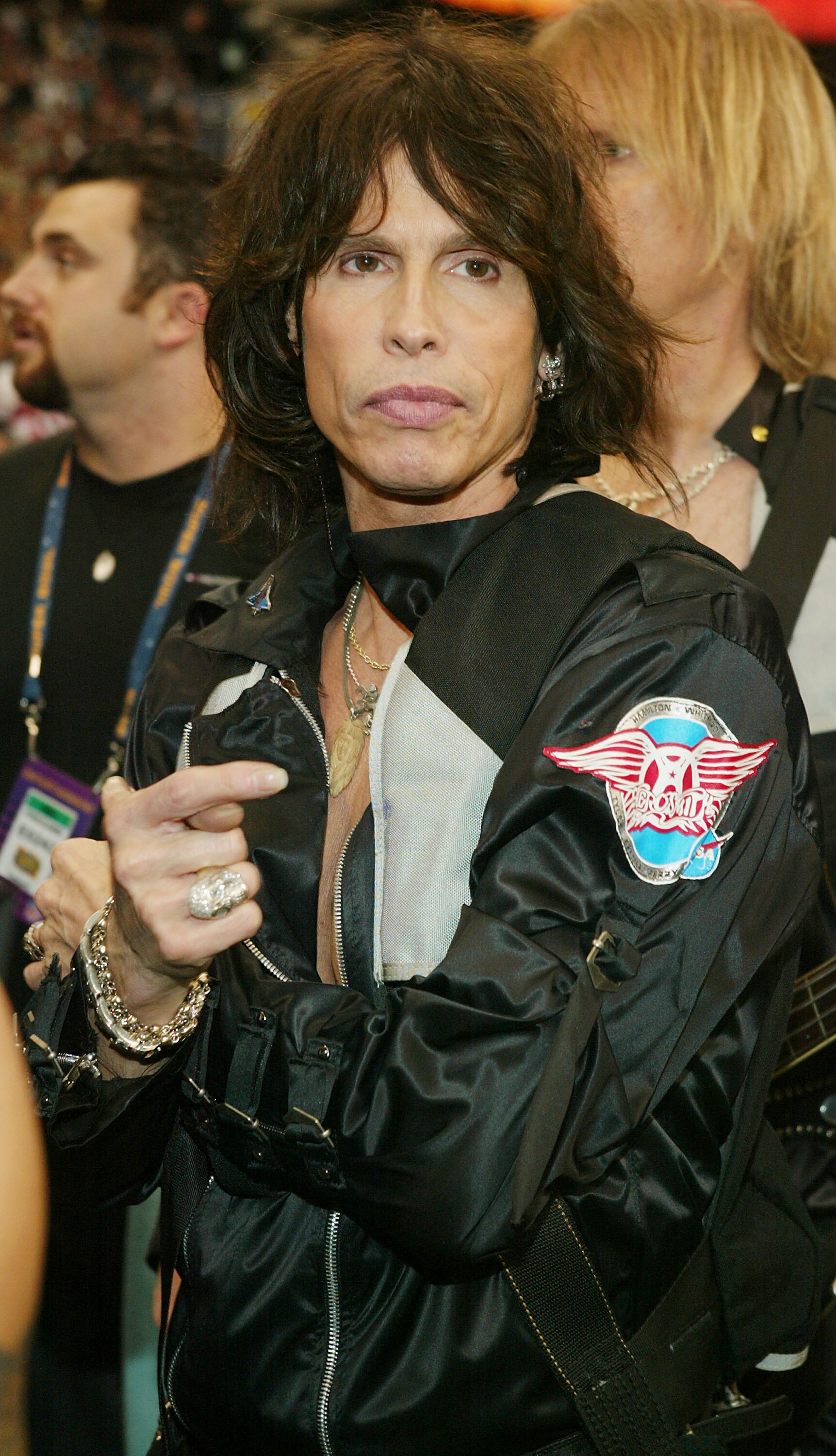 HOUSTON, TX - FEBRUARY 1:  Singer Steven Tyler of Aerosmith poses before performing at the pre-game show prior to the start of Super Bowl XXXVIII between the New England Patriots and the Carolina Panthers at Reliant Stadium on February 1, 2004 in Houston,