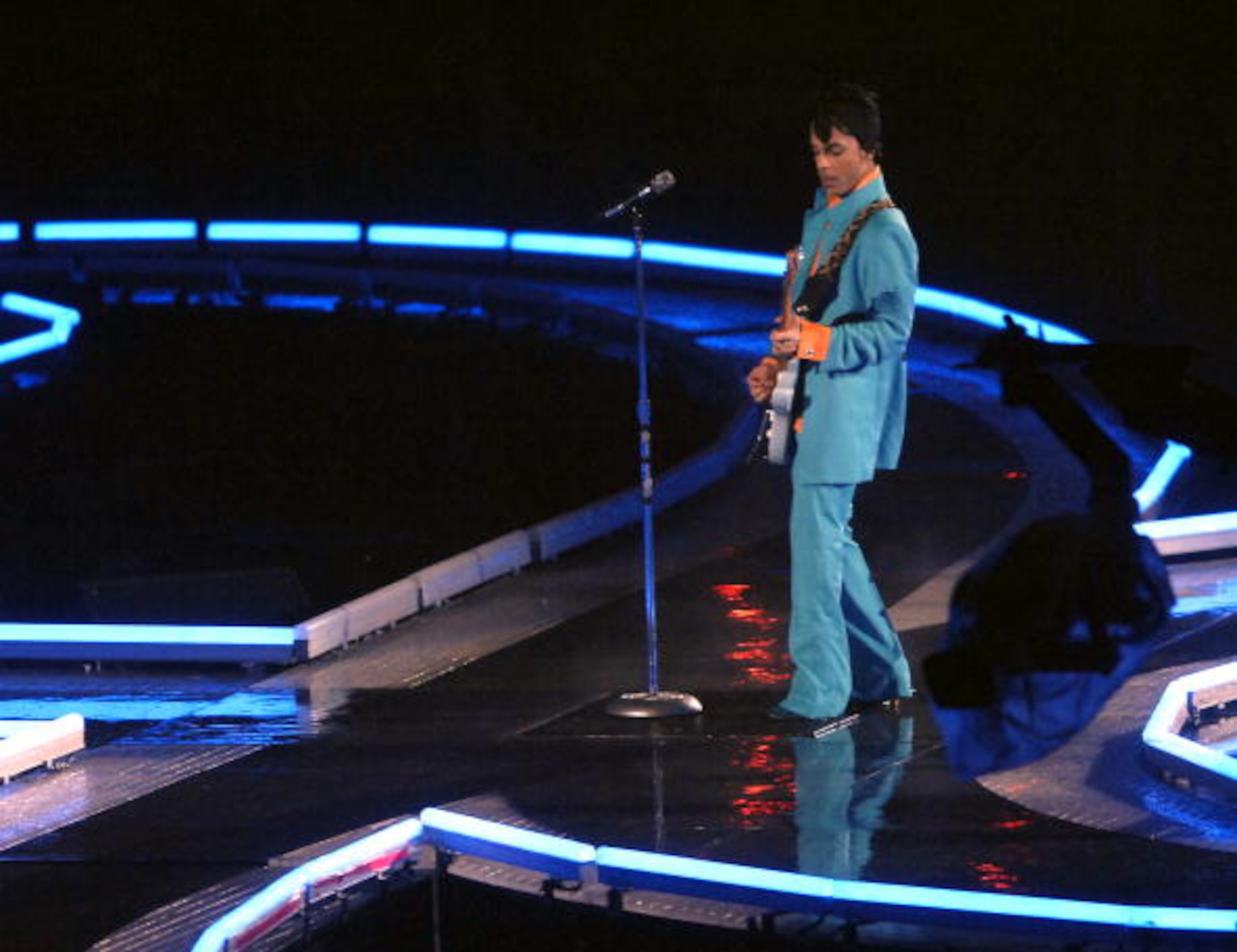 Prince performs at half time during Super Bowl XLI between the Indianapolis Colts and Chicago Bears at Dolphins Stadium in Miami, Florida on February 4, 2007. (Photo by Steve Grayson/Getty Images)