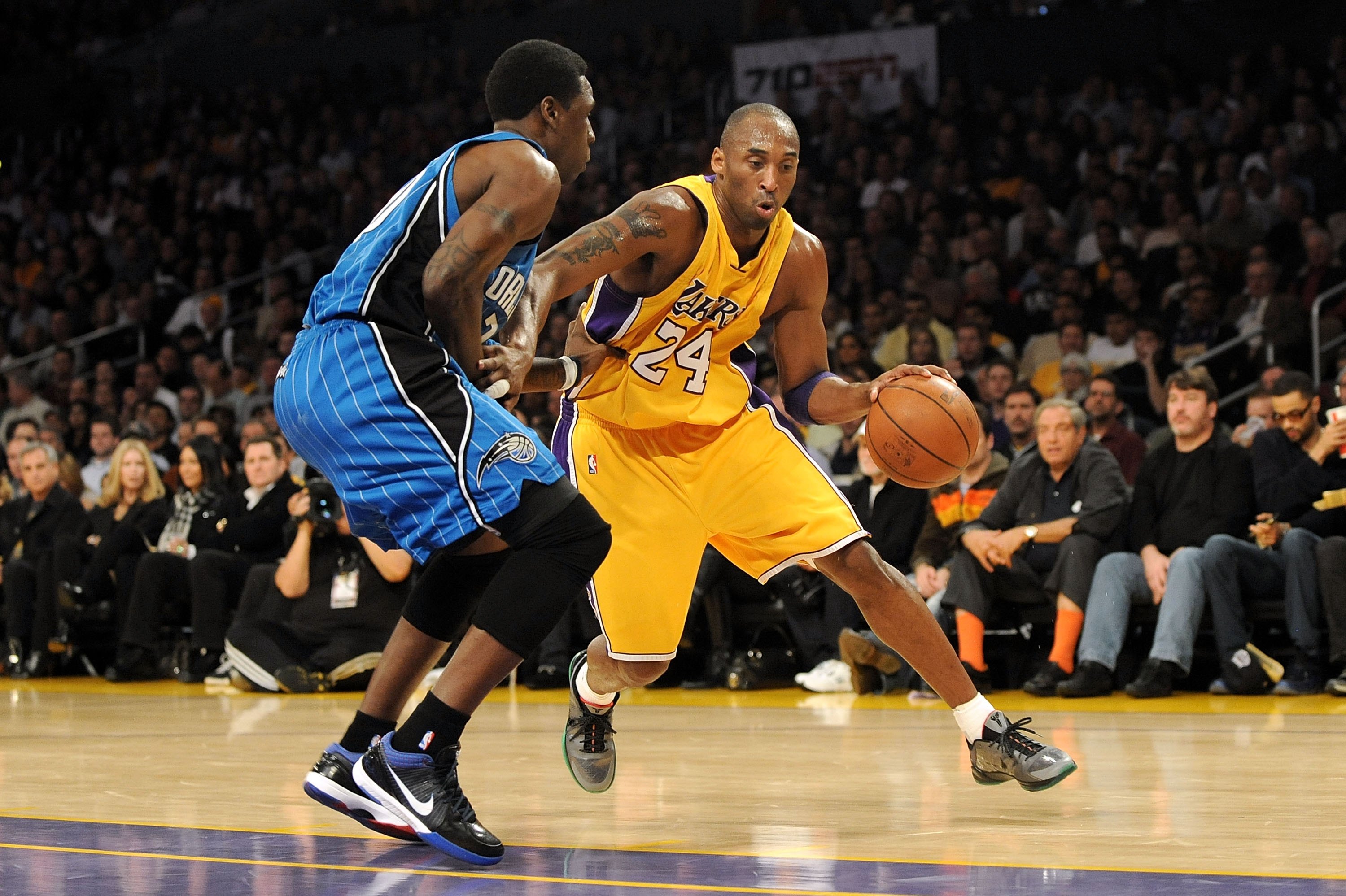 LOS ANGELES, CA - JANUARY 18:  Kobe Bryant #24 of the Los Angeles Lakers drives against Mickael Pietrus #20 of the Orlando Magic during the game on January 18, 2010 at Staples Center in Los Angeles, California.  The Lakers won 98-92.  NOTE TO USER: User e