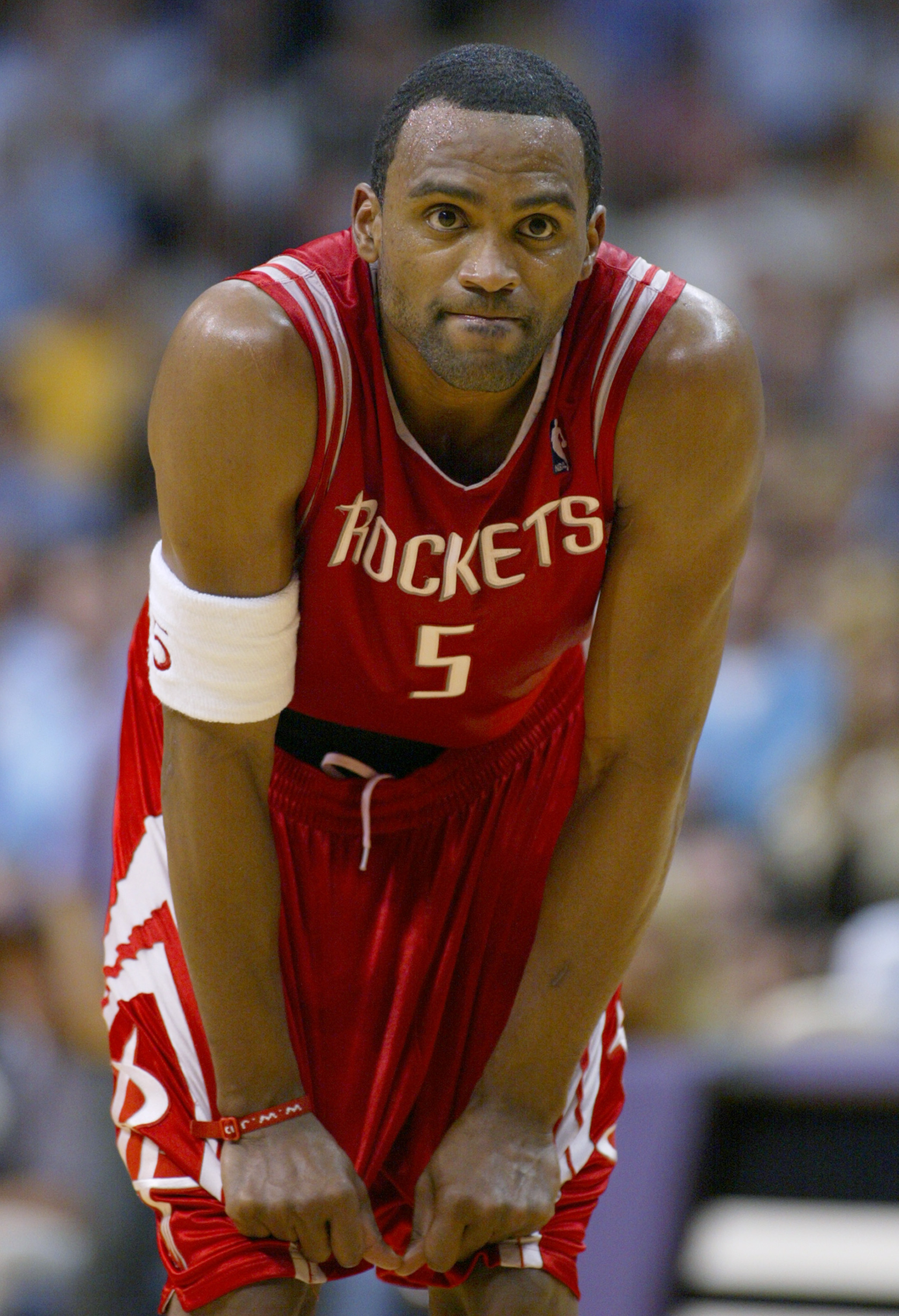LOS ANGELES - APRIL 19:  Cuttino Mobley #5 of the Houston Rockets rests in Game two of the Western Conference Quarterfinals against the Los Angeles Lakers during the 2004 NBA Playoffs at Staples Center on April 17, 2004 in Los Angeles, California.  The La