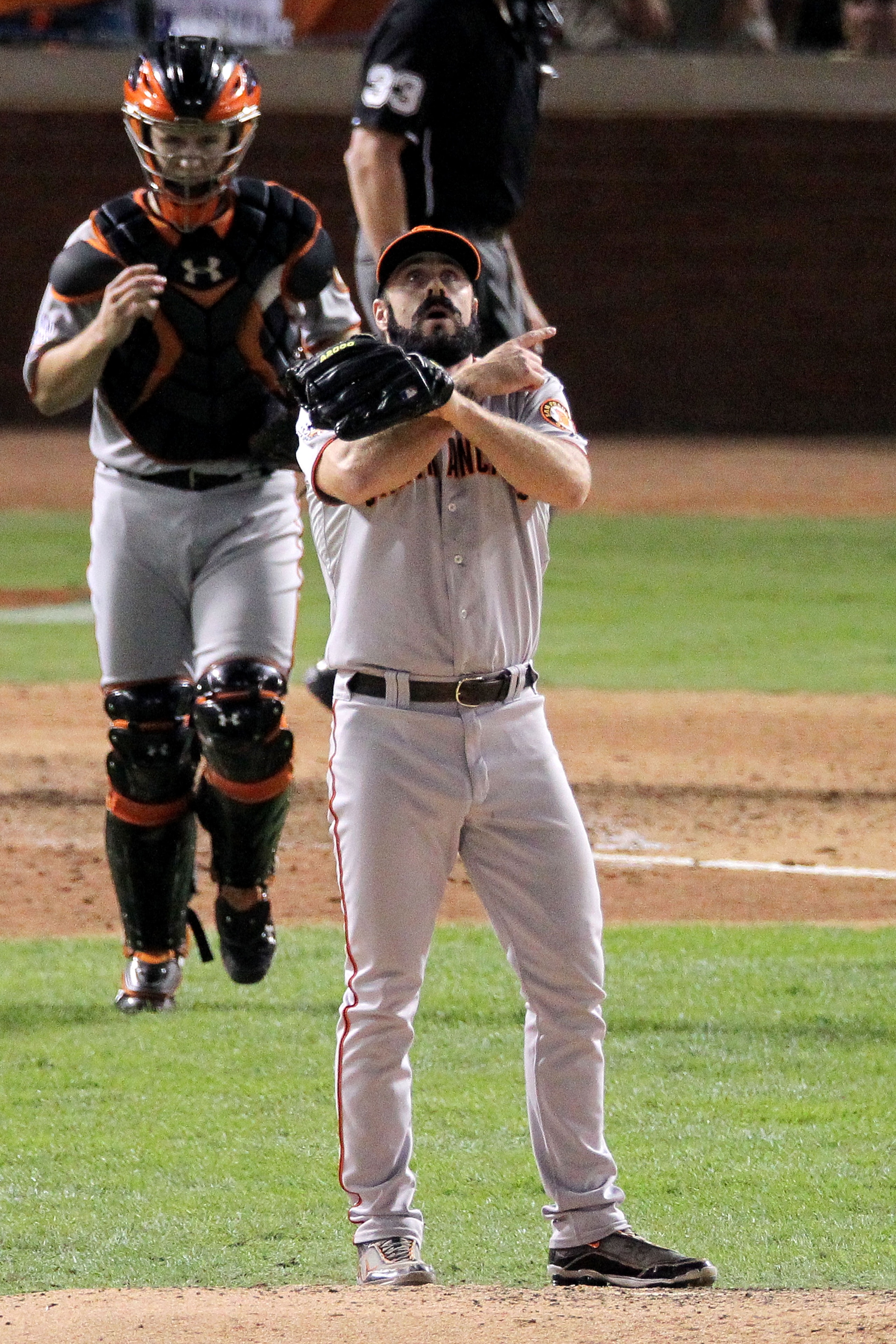 ARLINGTON, TX - OCTOBER 31:  Pitcher Brian Wilson #38 of the San Francisco Giants celebrates their 4-0 victory over the Texas Rangers in the bottom of the ninth inning of Game Four of the 2010 MLB World Series at Rangers Ballpark in Arlington on October 3