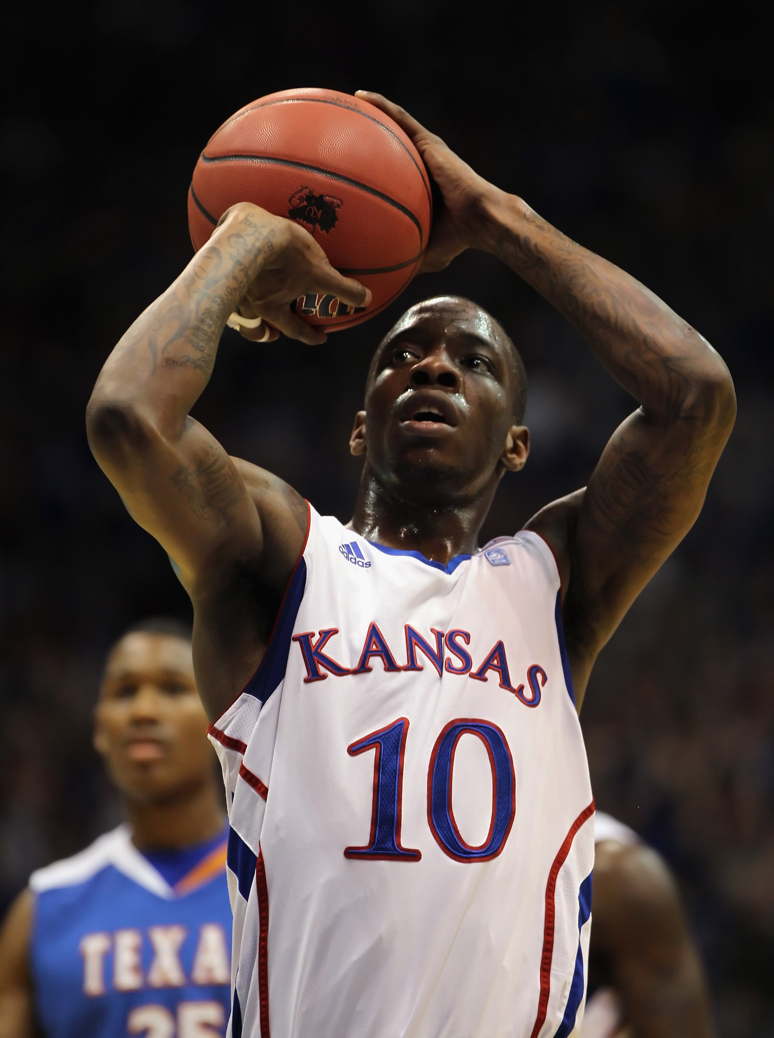LAWRENCE, KS - DECEMBER 29:  Tyshawn Taylor #10 of the Kansas Jayhawks in action during the game against the University of Texas Arlington Mavericks on December 29, 2010 at Allen Fieldhouse in Lawrence, Kansas.  (Photo by Jamie Squire/Getty Images)