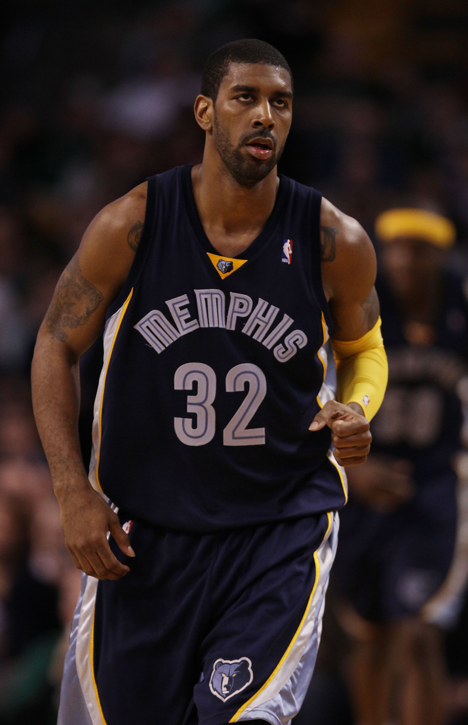 BOSTON - MARCH 10:  O.J. Mayo #32 of the Memphis Grizzlies celebrates his three point shot in the second half against the Boston Celtics  on March 10, 2010 at the TD Garden in Boston, Massachusetts. The Grizzlies defeated the Celtics 111-91. NOTE TO USER: