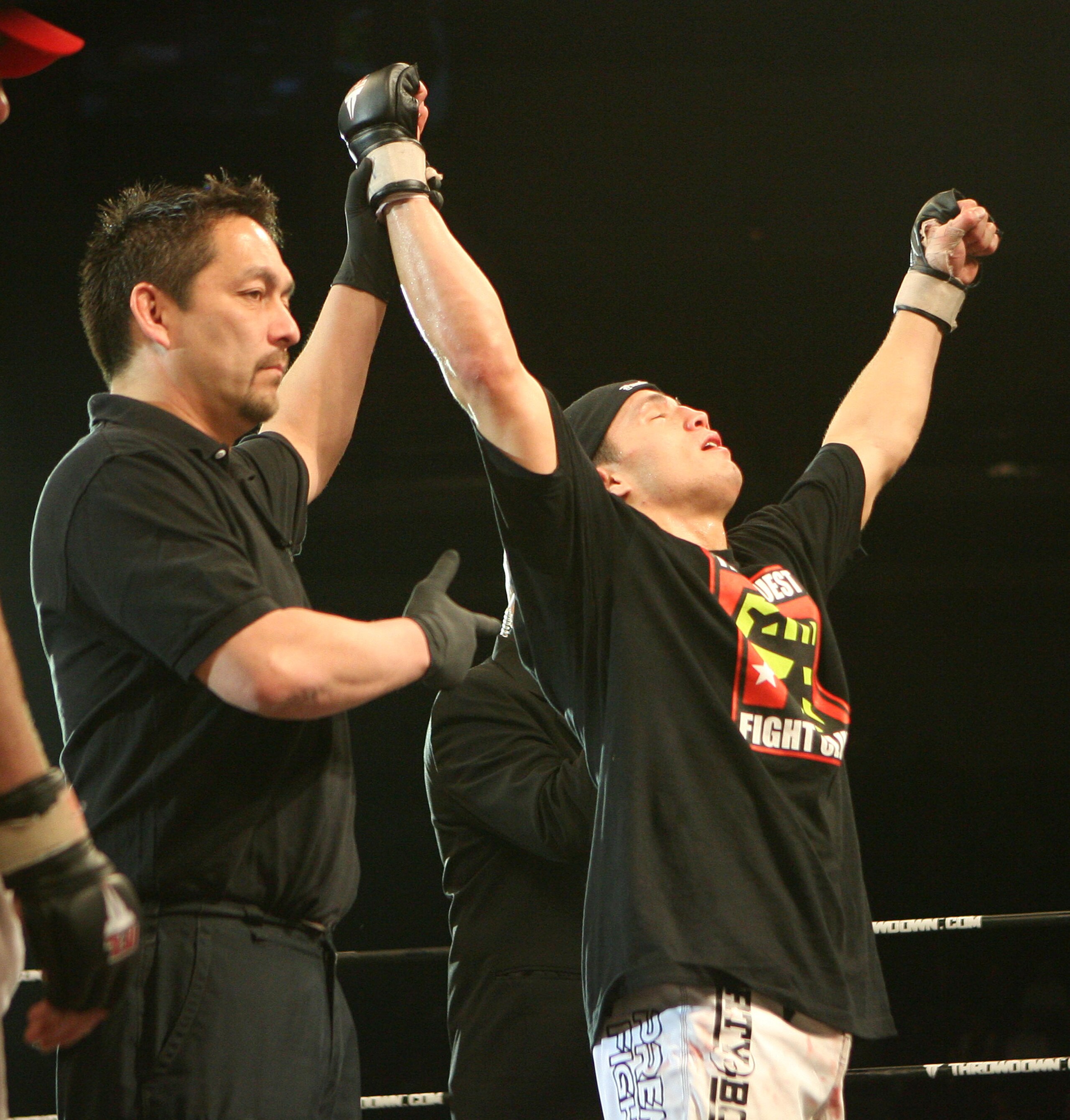 LAS VEGAS - FEBRUARY 29:  Jake Ellenberger white trunks black lettering of Team Quest celebrates his victory over Pat Healy white trunks of Lion's Den during their welterweight bout at The Orleans Arena on February 29, 2008 in Las Vegas, Nevada.  (Photo b