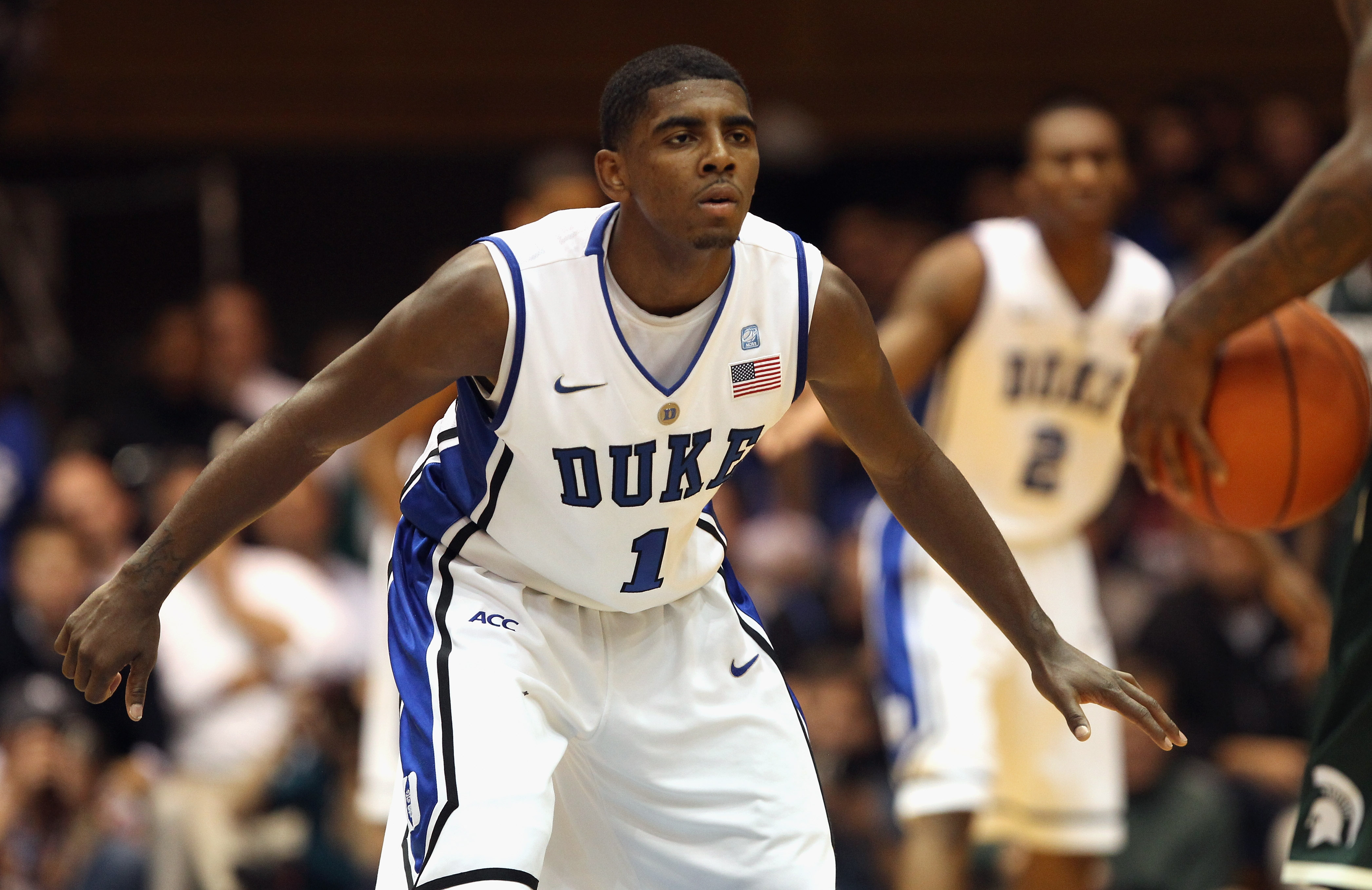 DURHAM, NC - DECEMBER 01:  Kyrie Irving #1 of the Duke Blue Devils watches on during their game against the Michigan State Spartans at Cameron Indoor Stadium on December 1, 2010 in Durham, North Carolina.  (Photo by Streeter Lecka/Getty Images)