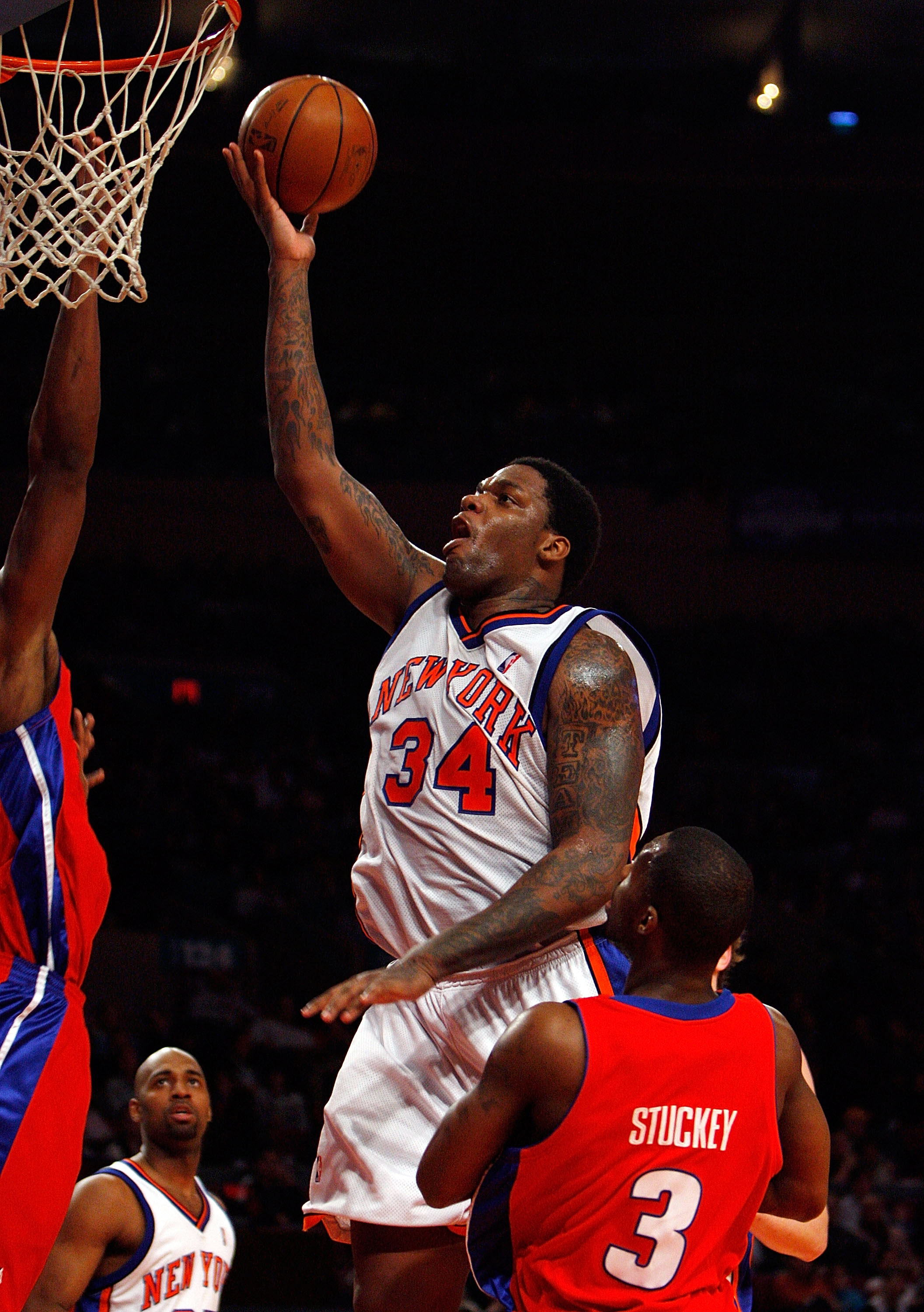 NEW YORK - MARCH 07: Eddy Curry #34 of the New York Knicks lays the ball up against the Detroit Pistons on March 7, 2008 at Madison Square Garden in New York City. NOTE TO USER: User expressly acknowledges and agrees that, by downloading and/or using this