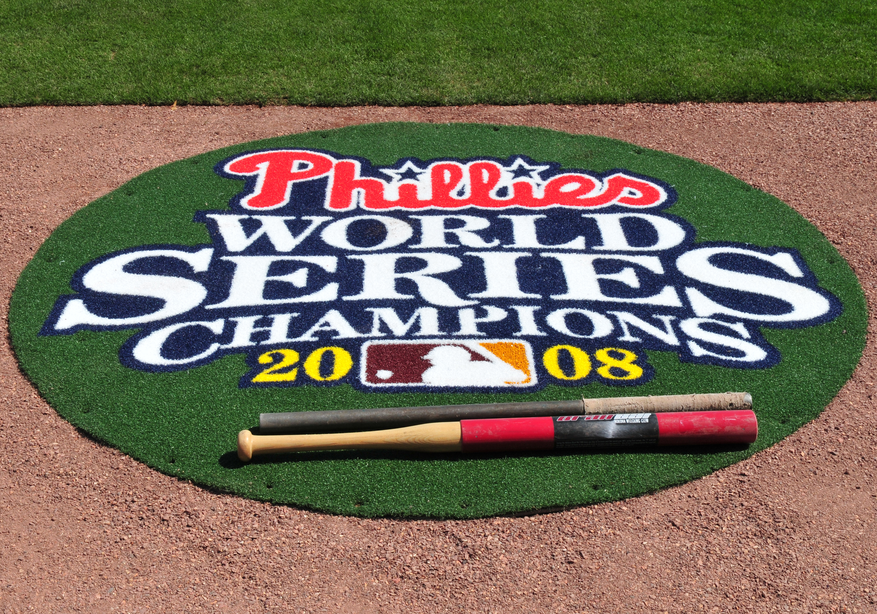 CLEARWATER, FL - FEBRUARY 26:  A new on-deck mat celebrates the Philadelphia Phillies 2008 World Series Championship as spring training play begins against the Toronto Blue Jays February 26, 2009 at Bright House Field in Clearwater, Florida.  (Photo by Al