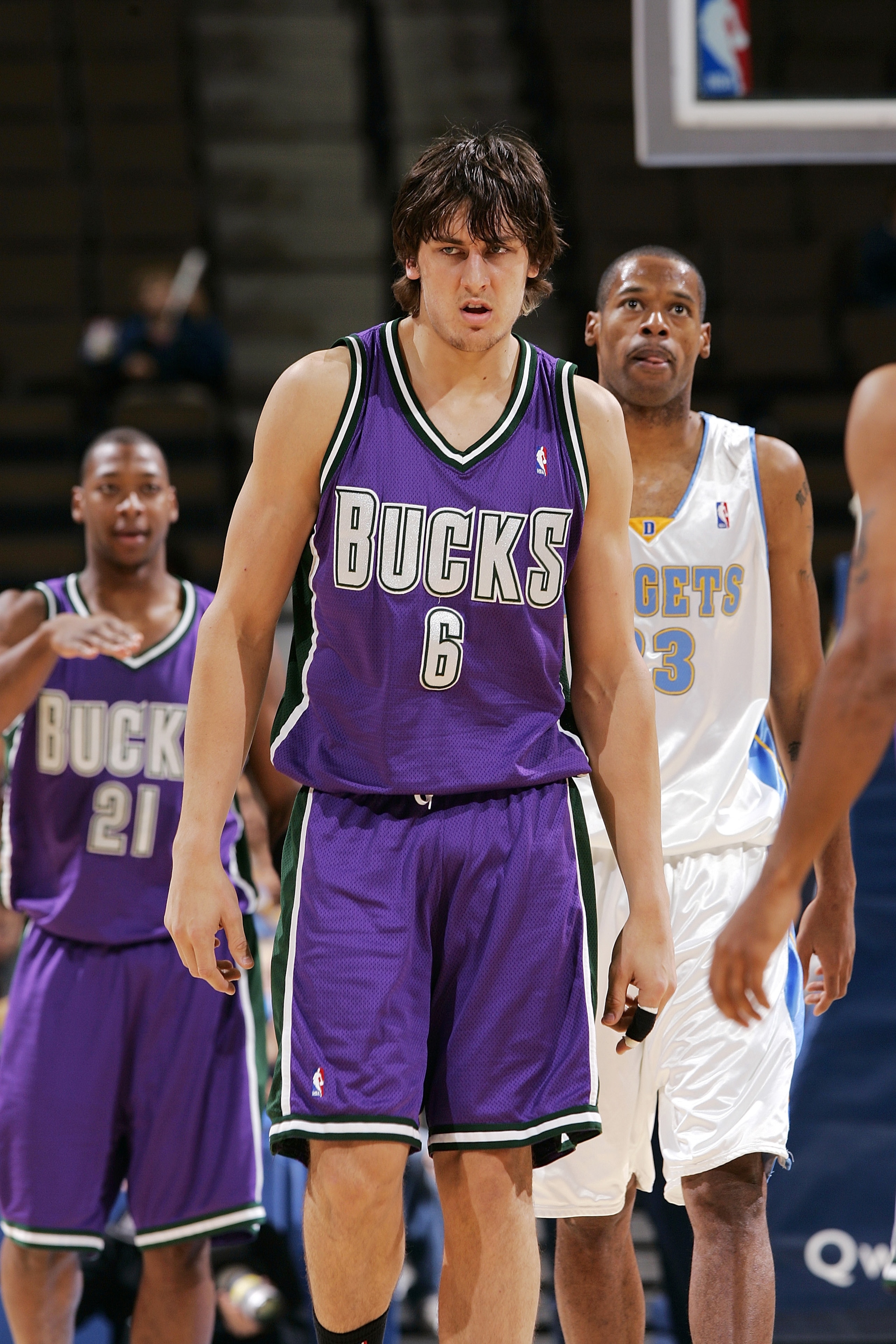 DENVER - OCTOBER 26:  Andrew Bogut #6 of the Milwaukee Bucks walks to the other end of the court against the Denver Nuggets during their preseason game on October 26, 2005 at the Pepsi Center in Denver, Colorado.  NOTE TO USER:  User expressly acknowledge