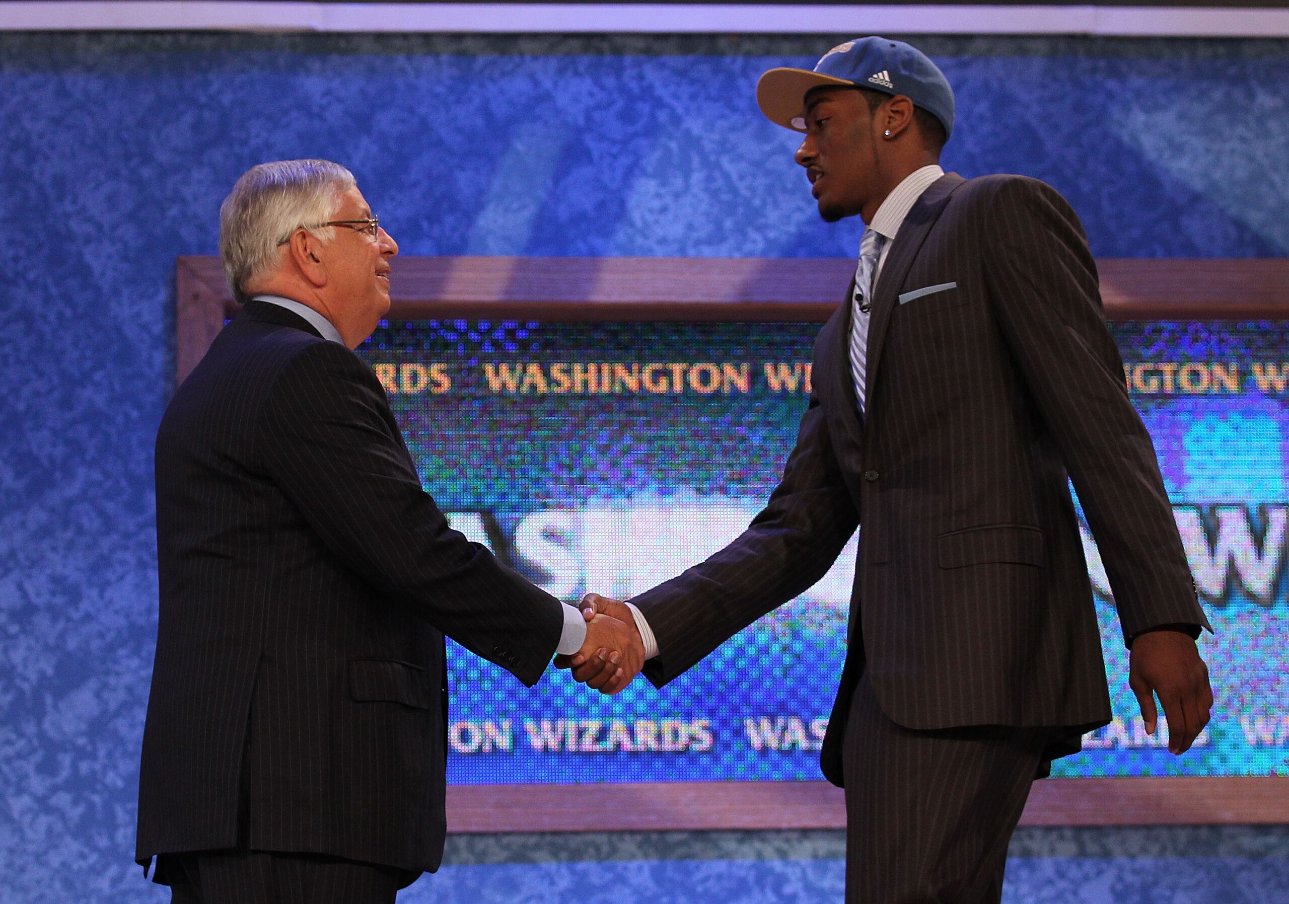 NEW YORK - JUNE 24:  John Wall of Kentucky stands with NBA Commisioner David Stern after being drafted with the first pick by the Washington Wizards at Madison Square Garden on June 24, 2010 in New York City.  NOTE TO USER: User expressly acknowledges and