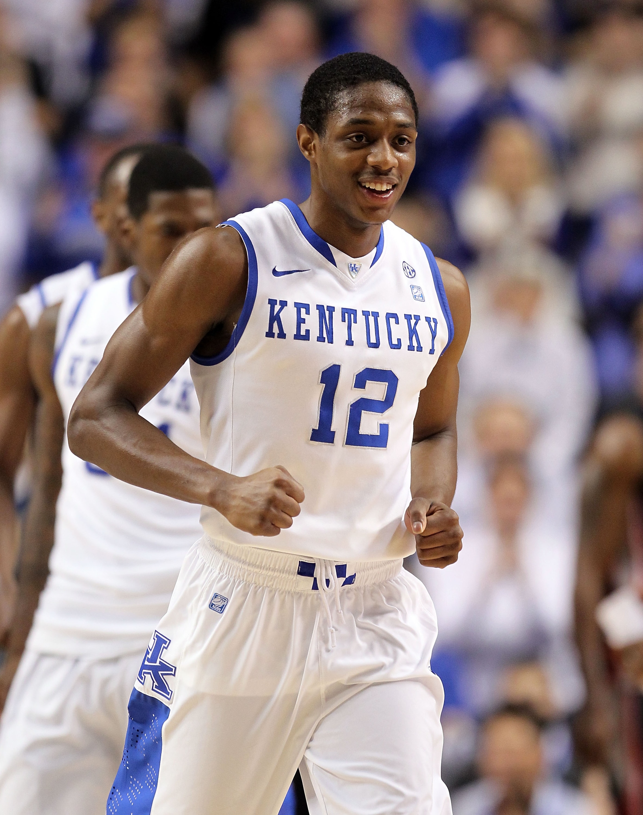 LEXINGTON, KY - JANUARY 29:  Brandon Knight #12 of the Kentucky Wildcats celebrates during the SEC game against the Georgia Bulldogs at Rupp Arena on January 29, 2011 in Lexington, Kentucky. Kentucky won 66-60.  (Photo by Andy Lyons/Getty Images)