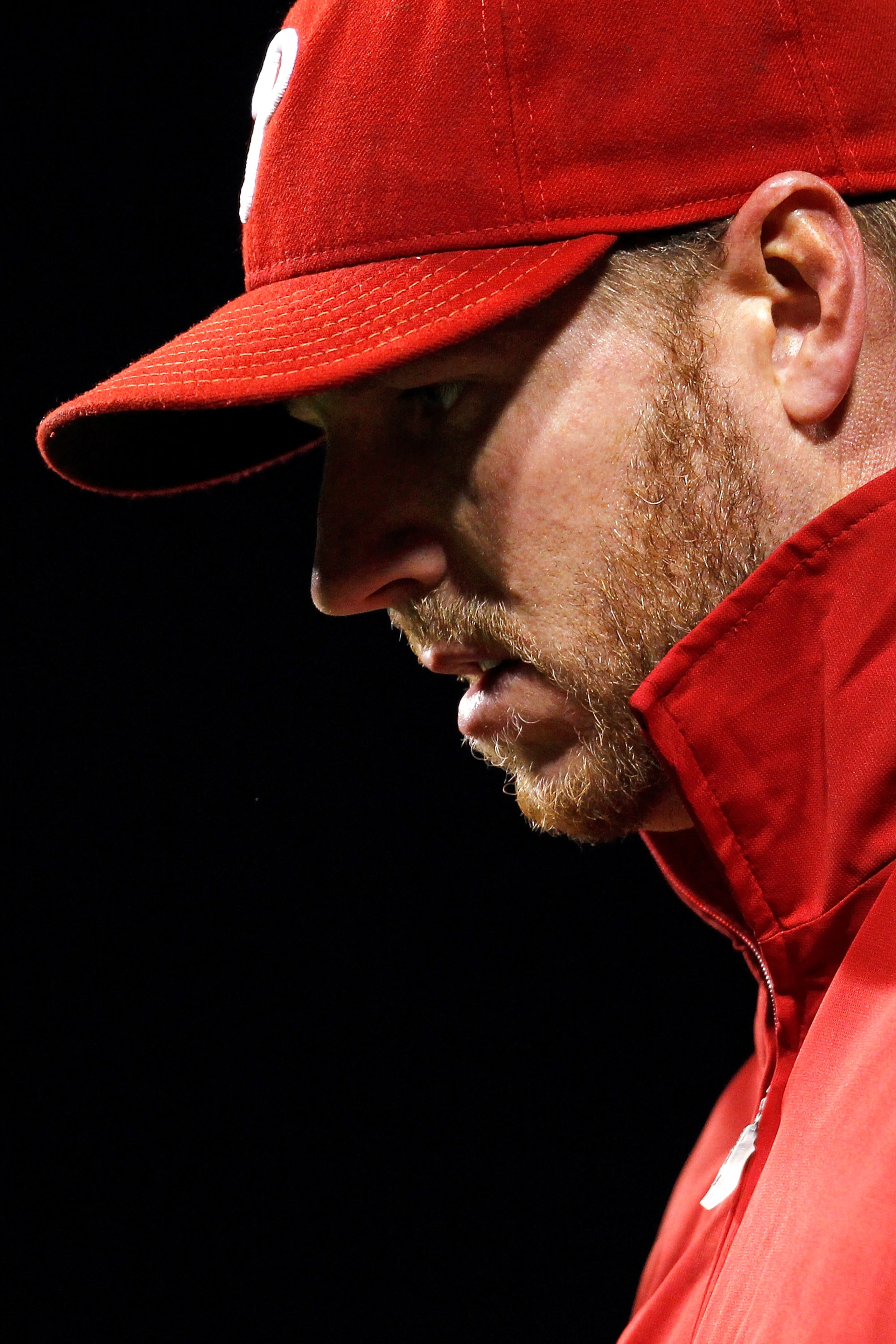 PHILADELPHIA - OCTOBER 16:  Roy Halladay #34 of the Philadelphia Phillies looks down against the San Francisco Giants in Game One of the NLCS during the 2010 MLB Playoffs at Citizens Bank Park on October 16, 2010 in Philadelphia, Pennsylvania.  (Photo by