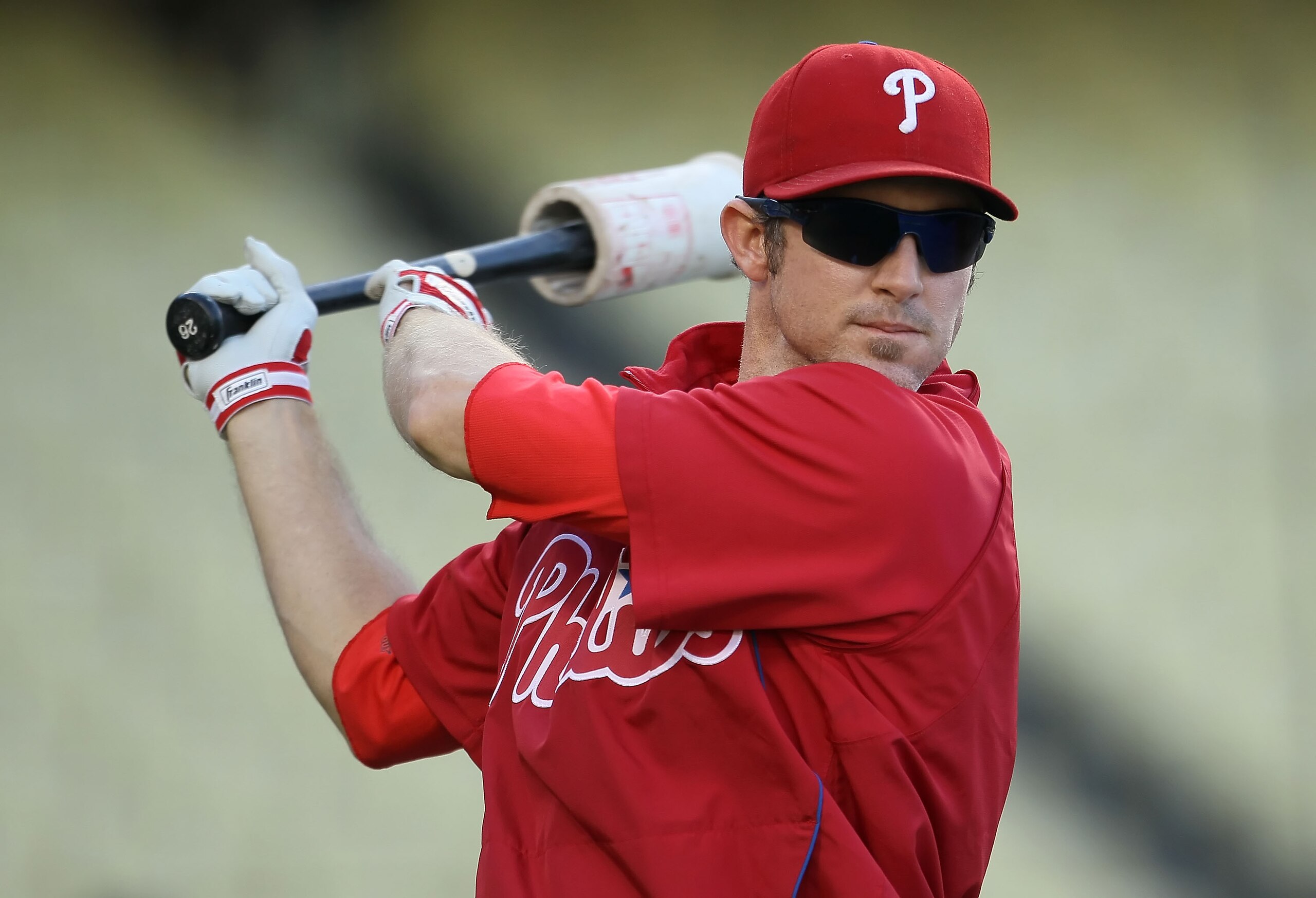 LOS ANGELES, CA - AUGUST 31:  Chase Utley #26 of the Philadelphia Phillies warms up prior to the start of the game against the Los Angeles Dodgers at Dodger Stadium on August 31, 2010 in Los Angeles, California. The Phillies defeated the Dodgers 8-4.  (Ph