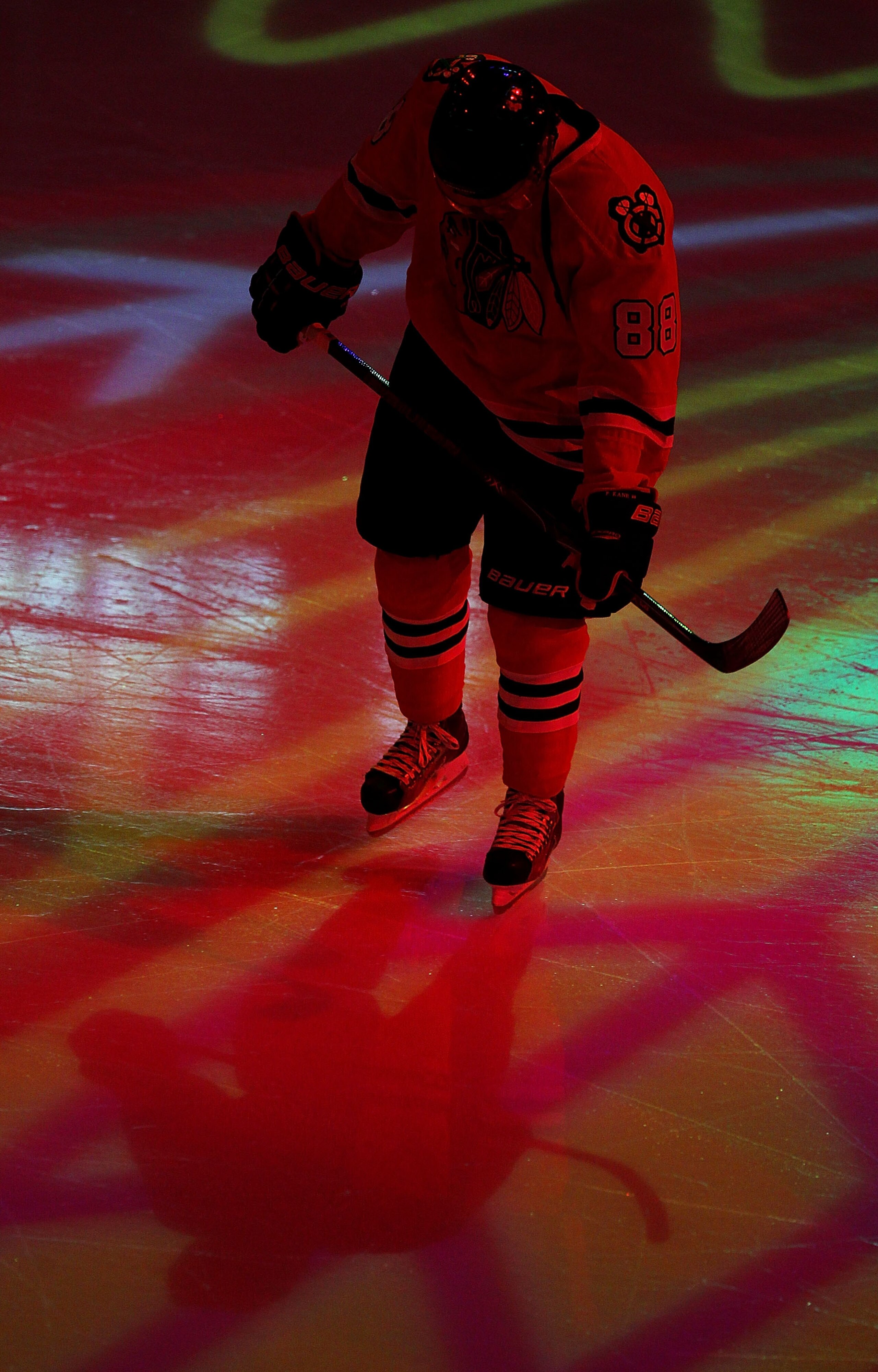 CHICAGO, IL - JANUARY 05: Patrick Kane #88 of the Chicago Blackhawks skates during player introductions before a game against the Dallas Stars at the United Center on January 5, 2011 in Chicago, Illinois. The Stars defeated the Blackhawks 4-2. (Photo by J