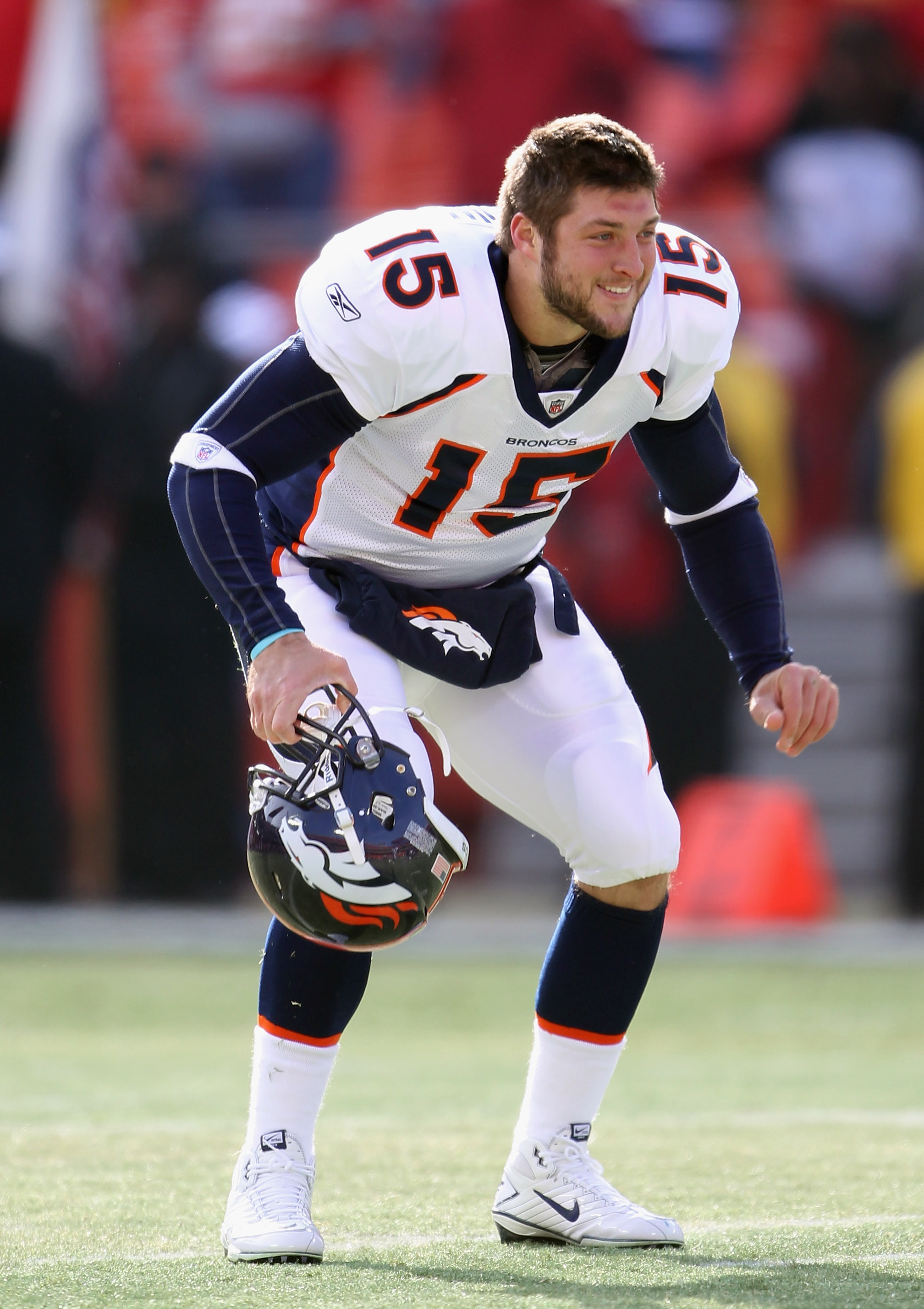 KANSAS CITY, MO - DECEMBER 05:  Quarterback Tim Tebow #15 of the Denver Broncos during warm-ups prior to the start of the game against the Kansas City Chiefs on December 5, 2010 at Arrowhead Stadium in Kansas City, Missouri.  (Photo by Jamie Squire/Getty