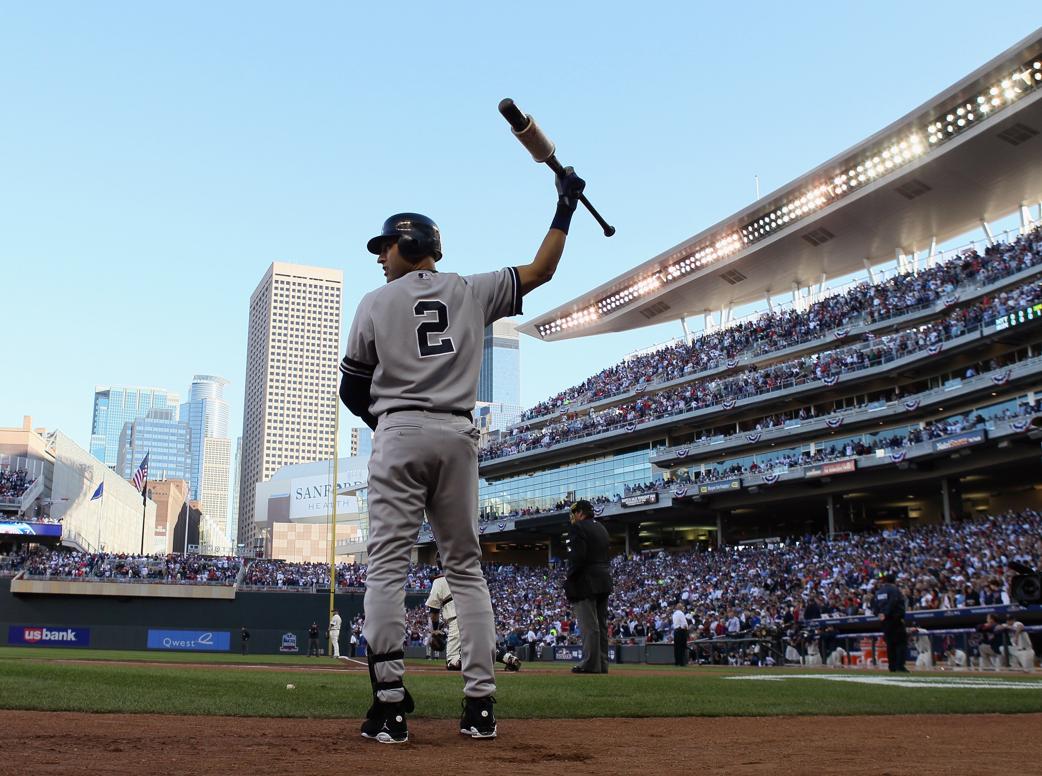 MINNEAPOLIS - OCTOBER 07:  Derek Jeter #2 of the New York Yankees waits on deck in the first innning against the Minnesota Twins during game two of the ALDS on October 7, 2010 at Target Field in Minneapolis, Minnesota.  (Photo by Elsa/Getty Images)