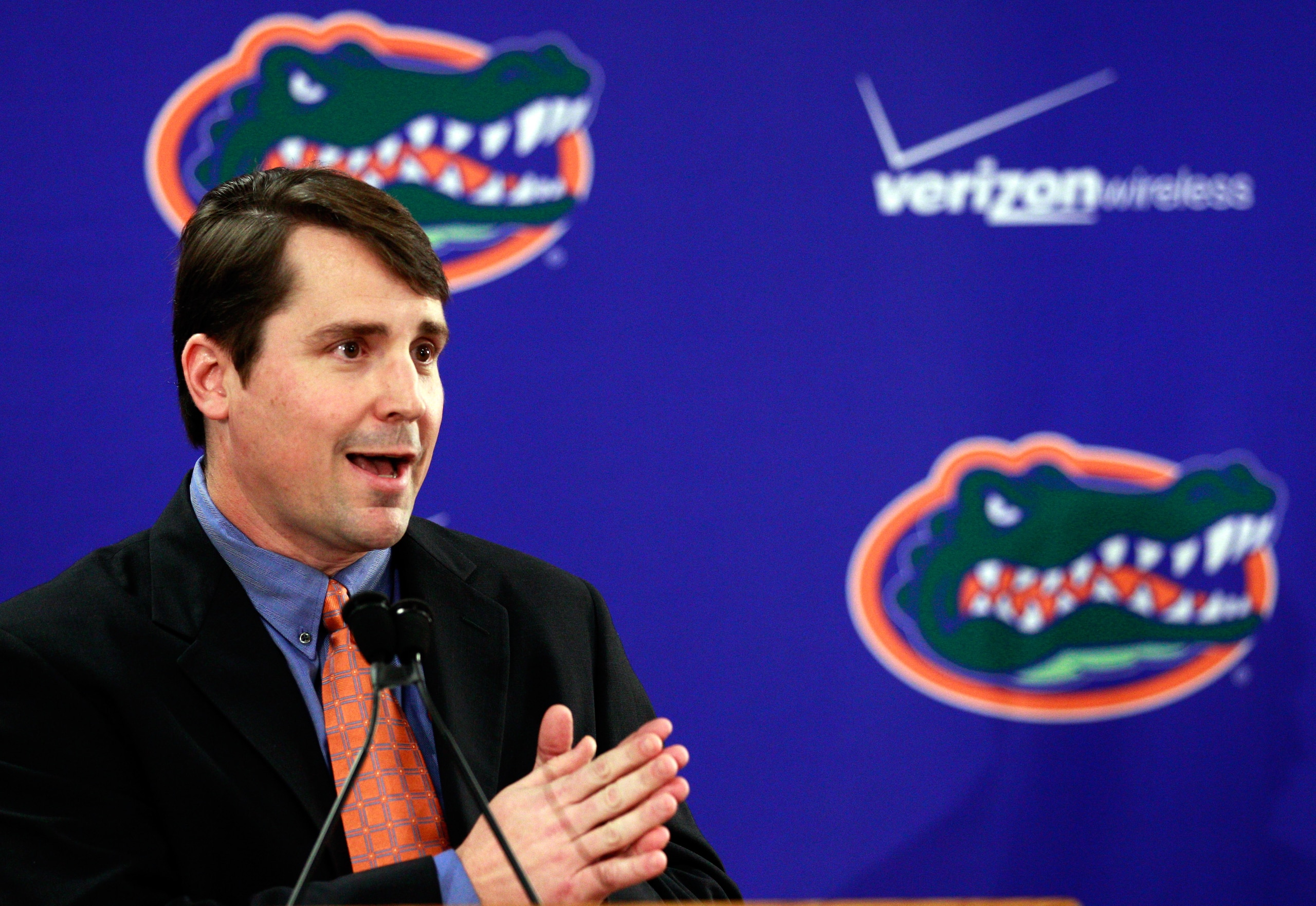 GAINESVILLE, FL - DECEMBER 14: Former defensive coordinator for the University of Texas, Will Muschamp speaks to the media after being introduced as the head coach of the University of Florida on December 14, 2010 in Gainesville, Florida. Muschamp is re GAINESVILLE, FL - DECEMBER 14: Former defensive coordinator for the University of Texas, Will Muschamp speaks to the media after being introduced as the head coach of the University of Florida on December 14, 2010 in Gainesville, Florida. Muschamp is re