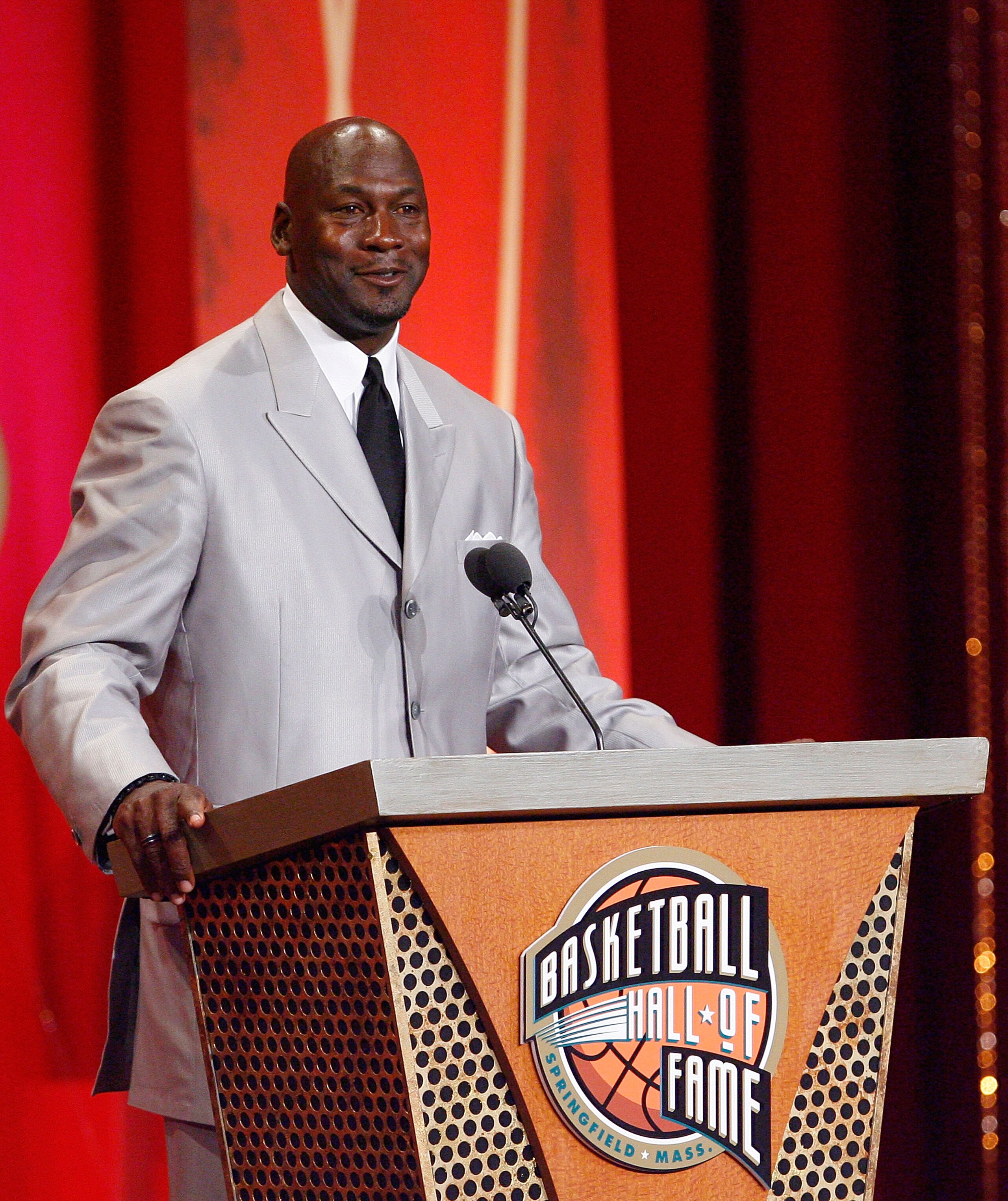 SPRINGFIELD, MA - SEPTEMBER 11: Michael Jordan is inducted into the Naismith Memorial Basketball Hall of Fame during a ceremony on September 11, 2009 in Springfield, Massachusetts. NOTE TO USER: User expressly acknowledges and agrees that, by downloading