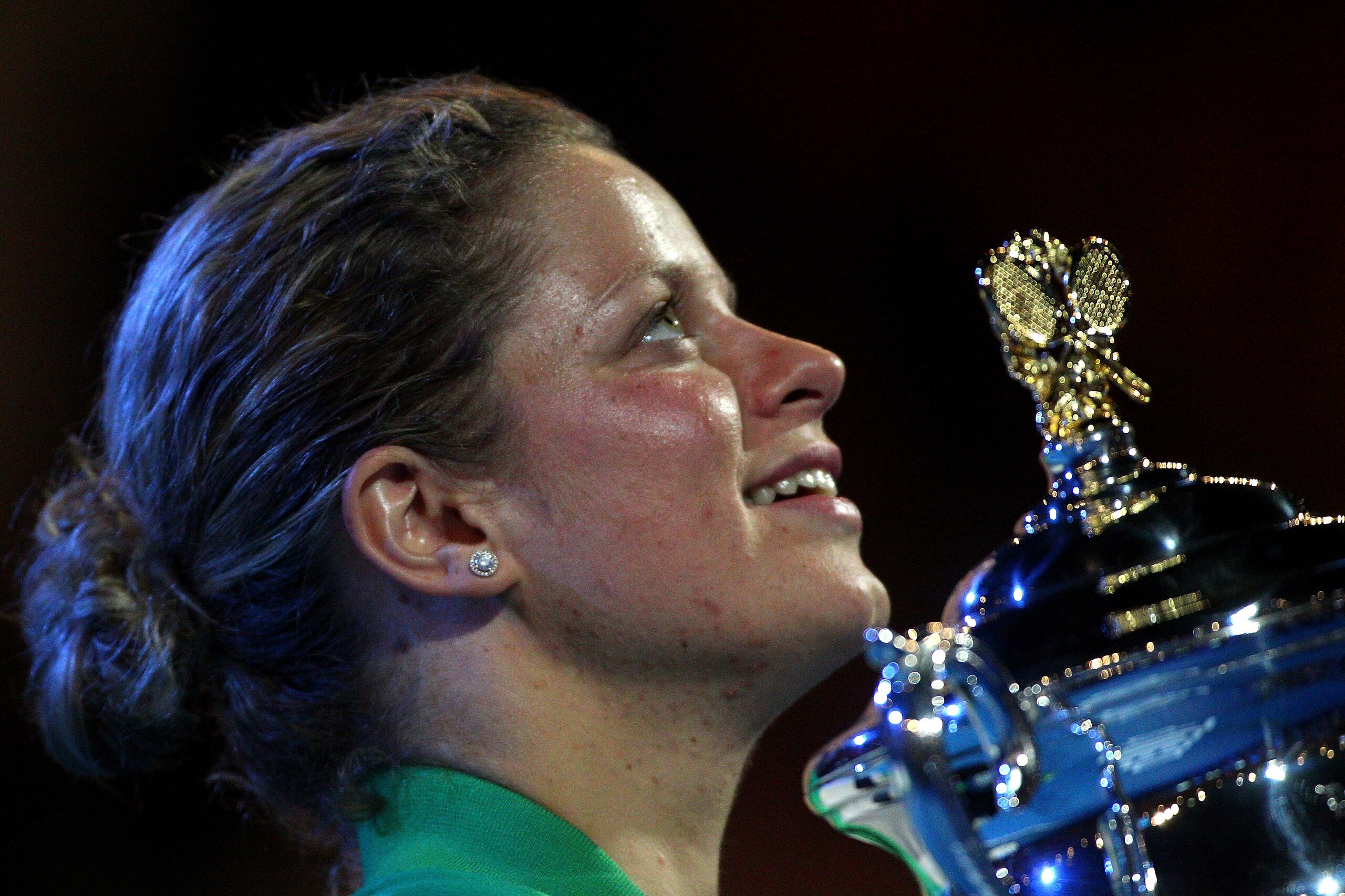 MELBOURNE, AUSTRALIA - JANUARY 29:  Kim Clijsters of Belgium poses with the Daphne Akhurst Trophy after winning her women's final match against Na Li of China during day thirteen of the 2011 Australian Open at Melbourne Park on January 29, 2011 in Melbour
