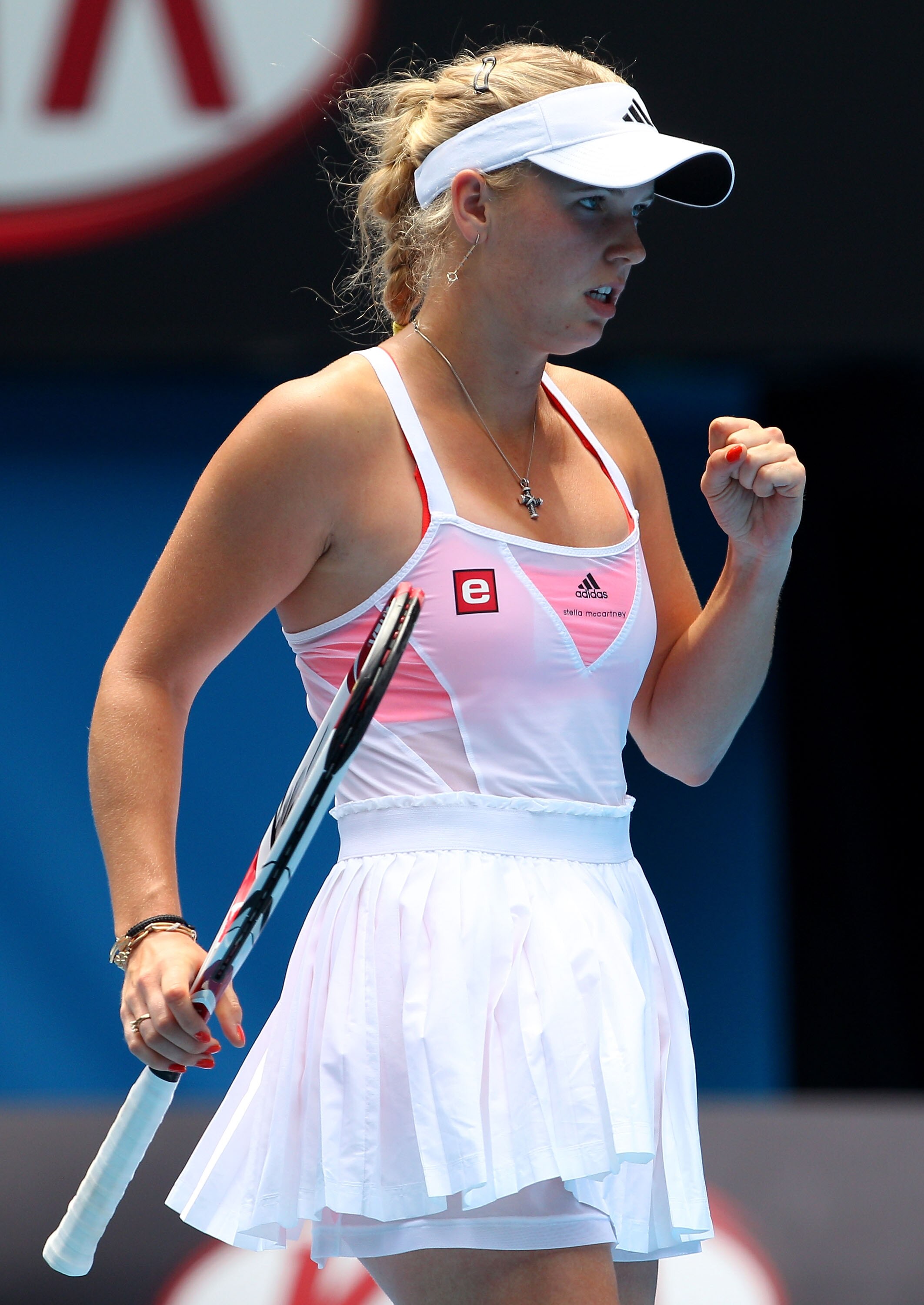 MELBOURNE, AUSTRALIA - JANUARY 27:  Caroline Wozniacki of Denmark celebrates a point in her semifinal match against Na Li of China during day eleven of the 2011 Australian Open at Melbourne Park on January 27, 2011 in Melbourne, Australia.  (Photo by Came