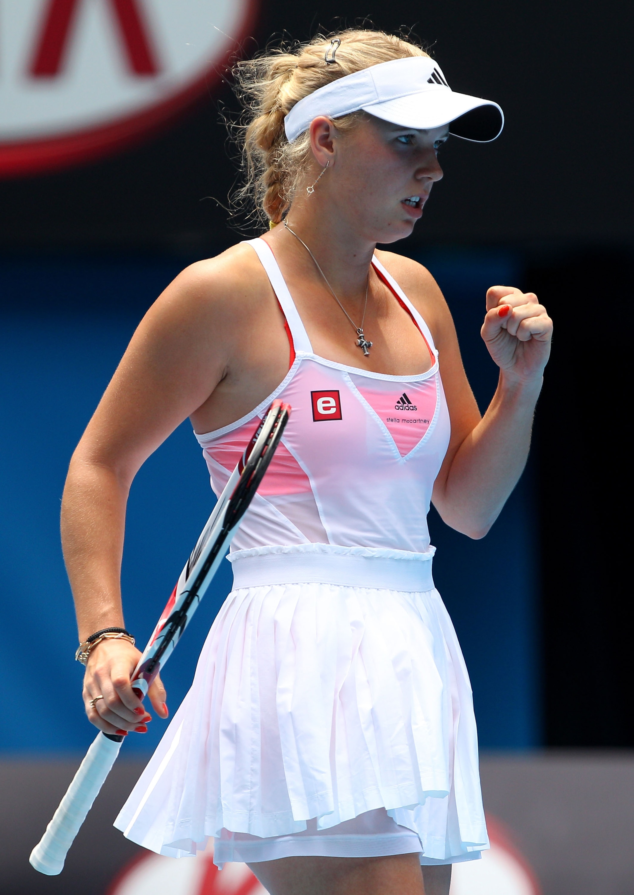 MELBOURNE, AUSTRALIA - JANUARY 27:  Caroline Wozniacki of Denmark celebrates a point in her semifinal match against Na Li of China during day eleven of the 2011 Australian Open at Melbourne Park on January 27, 2011 in Melbourne, Australia.  (Photo by Came