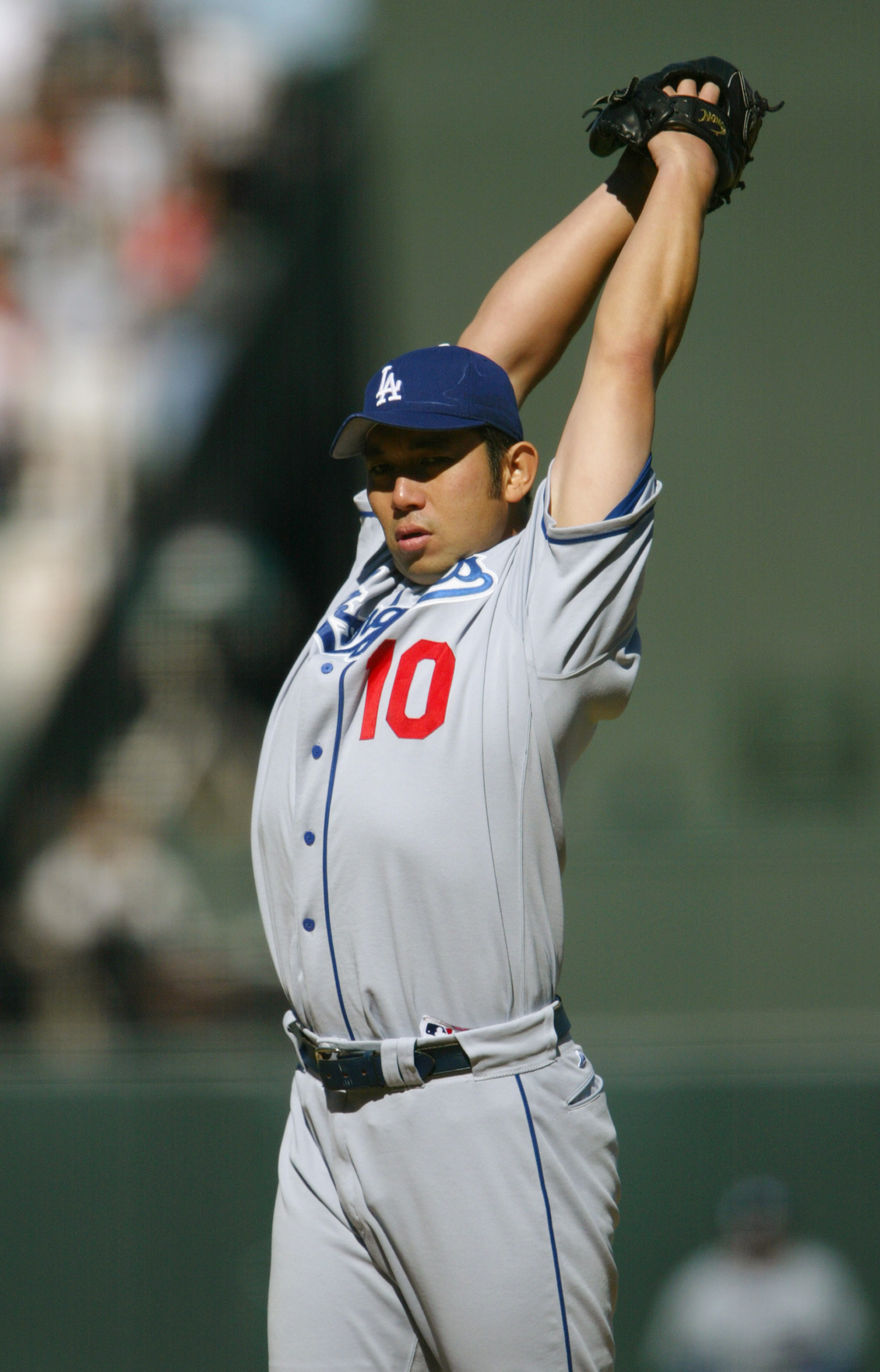 Hideo Nomo of the Los Angeles Dodgers during a game at Dodger