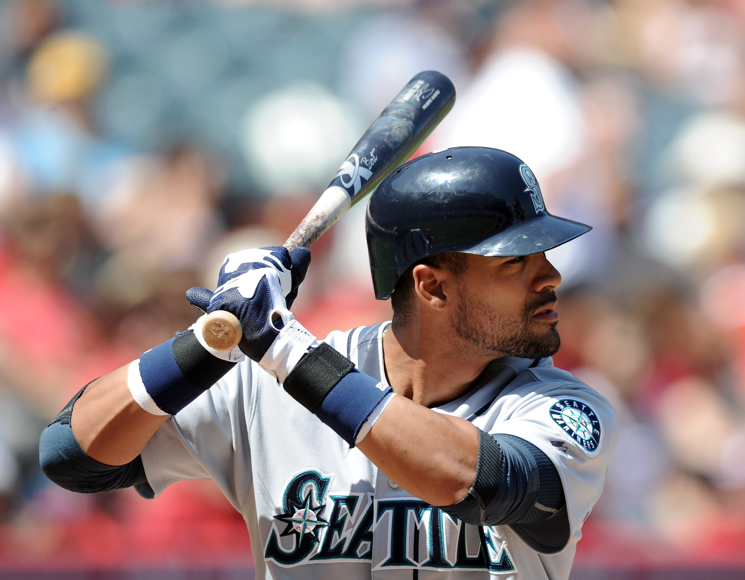 ANAHEIM, CA - SEPTEMBER 12:  Franklin Gutierrez #21 of the Seattle Mariners at bat against the Los Angeles Angels of Anaheim at Angel Stadium on September 12, 2010 in Anaheim, California.  (Photo by Harry How/Getty Images)