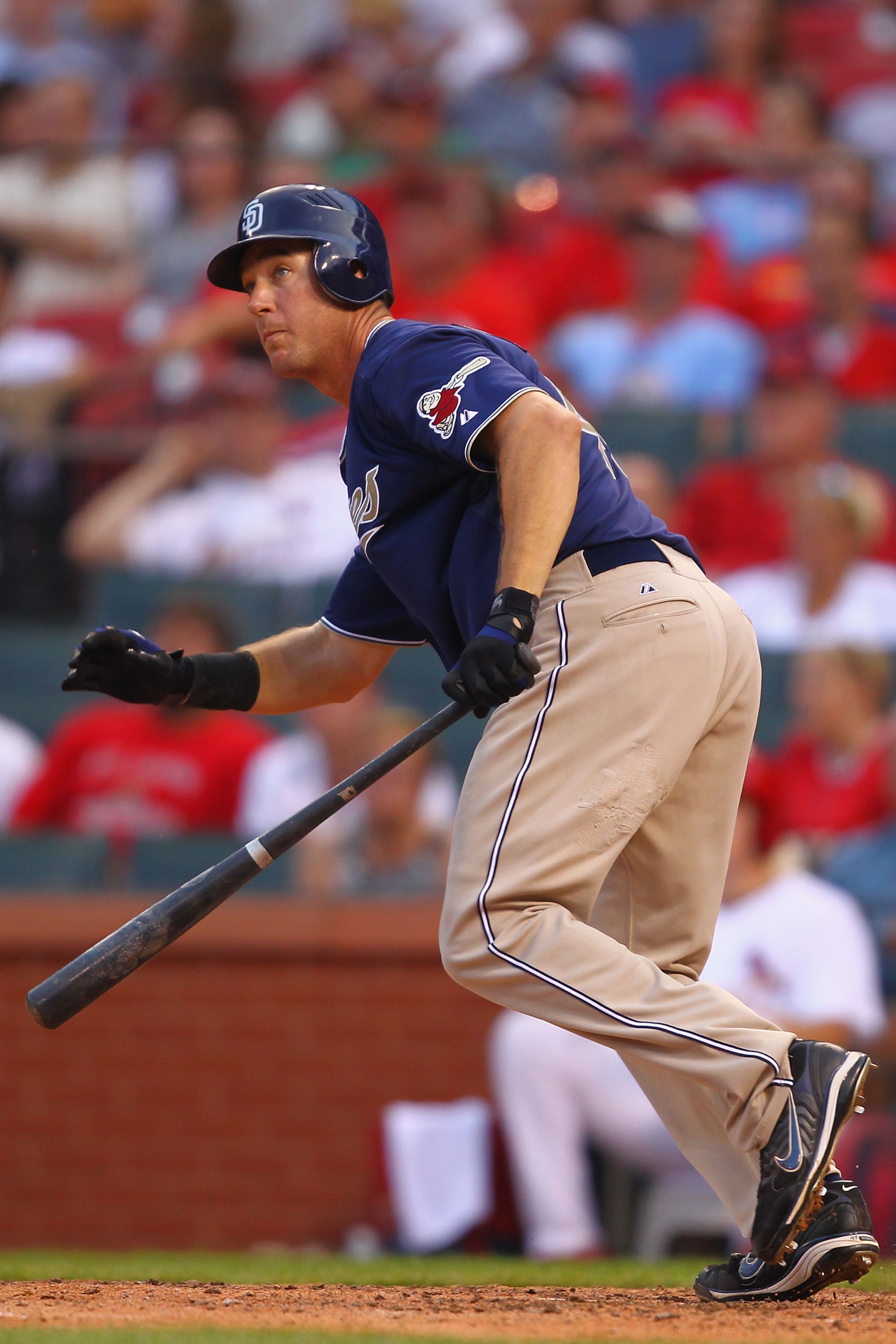 ST. LOUIS - SEPTEMBER 18: Ryan Ludwick #47 of the San Diego Padres watches his game-winning three-run home run leave the park against the St. Louis Cardinals at Busch Stadium on September 18, 2010 in St. Louis, Missouri.  The Padres beat the Cardinals 8-4