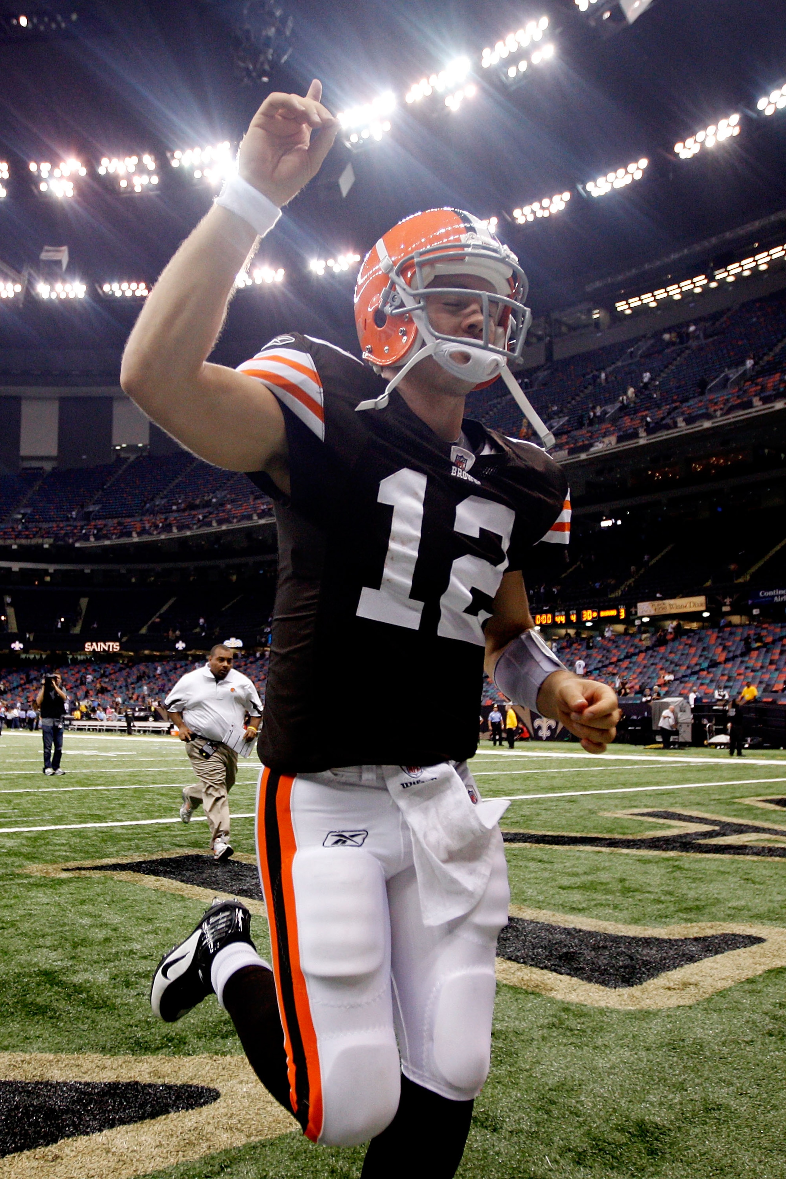 NEW ORLEANS - OCTOBER 24:  Quarterback Colt McCoy #12 of the Cleveland Browns clebrates after defeating the New Orleans Saints 30-17 at the Louisiana Superdome on October 24, 2010 in New Orleans, Louisiana.  (Photo by Chris Graythen/Getty Images)