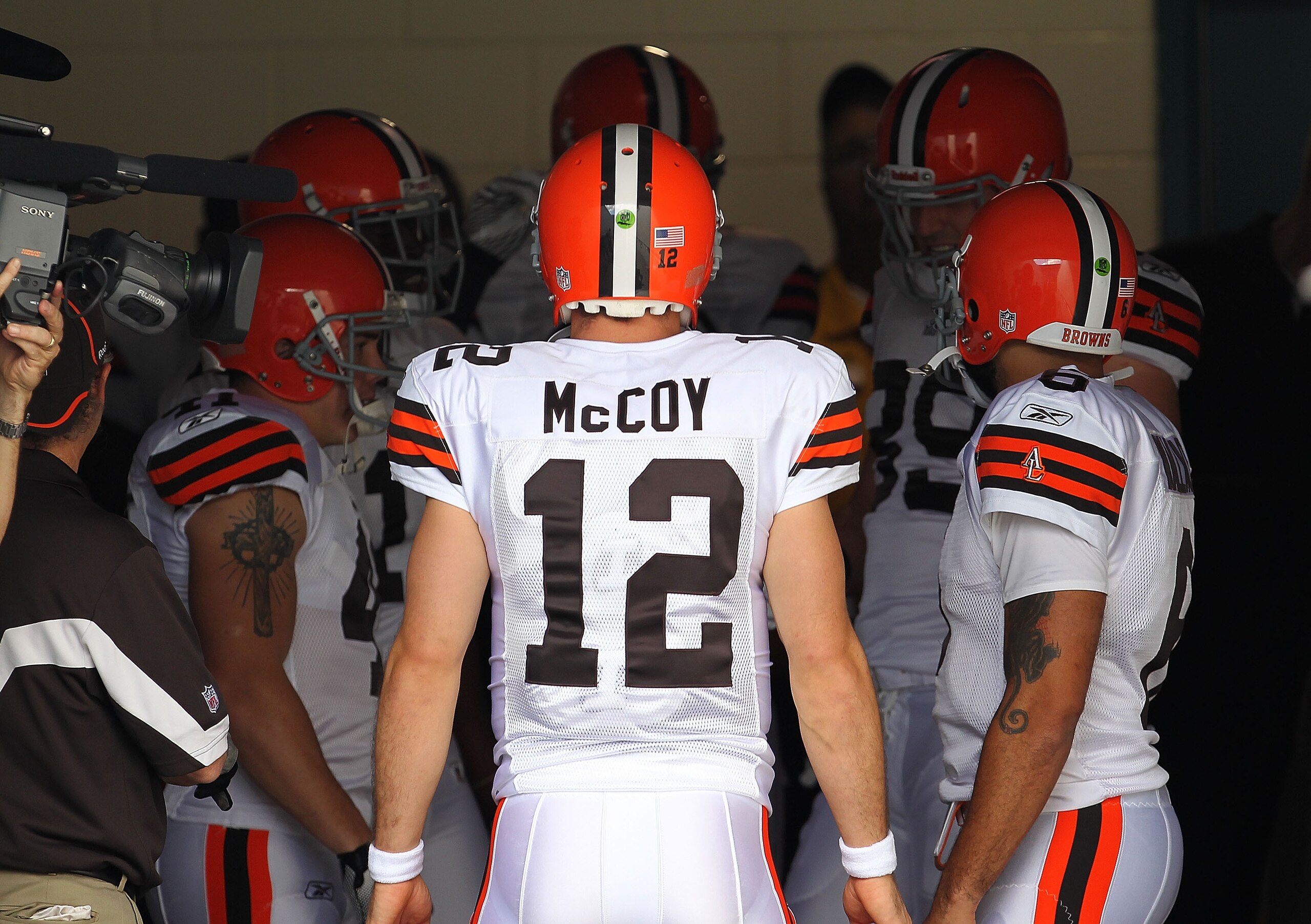JACKSONVILLE, FL - NOVEMBER 21:  Colt McCoy #12  of the Cleveland Browns leads the team out of the tunnel during a game agaisnt the Jacksonville Jaguars at EverBank Field on November 21, 2010 in Jacksonville, Florida.  (Photo by Mike Ehrmann/Getty Images)