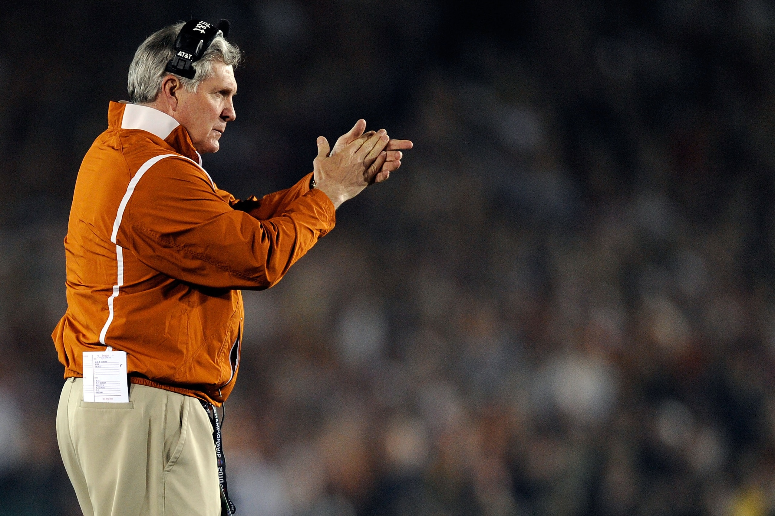 PASADENA, CA - JANUARY 07:  Head Coach Mack Brown of the Texas Longhorns stands on the sidelines during the Citi BCS National Championship game against the Alabama Crimson Tide at the Rose Bowl on January 7, 2010 in Pasadena, California.  (Photo by Kevork