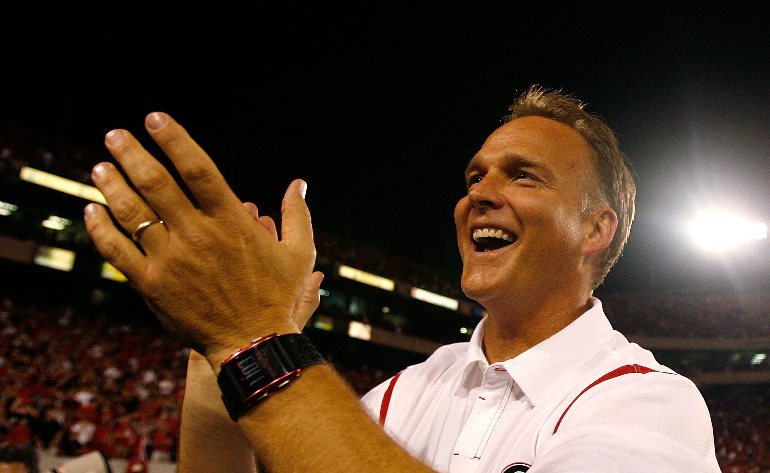 ATHENS, GA - SEPTEMBER 12:  Head coach Mark Richt of the Georgia Bulldogs celebrates their 41-37 win over the South Carolina Gamecocks at Sanford Stadium on September 12, 2009 in Athens, Georgia.  (Photo by Kevin C. Cox/Getty Images)
