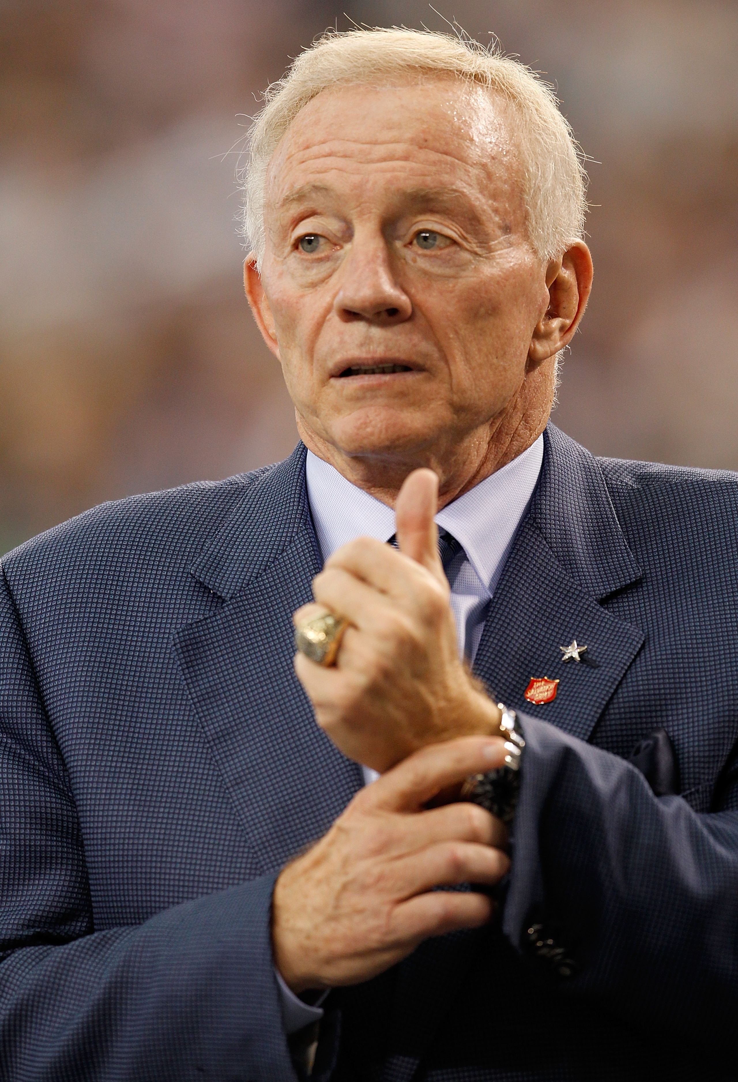 ARLINGTON, TX - NOVEMBER 21: Dallas Cowboys owner Jerry Jones watches as the Cowboys take on the Detroit Lions at Cowboys Stadium on November 21, 2010 in Arlington, Texas. (Photo by Tom Pennington/Getty Images) ARLINGTON, TX - NOVEMBER 21: Dallas Cowboys owner Jerry Jones watches as the Cowboys take on the Detroit Lions at Cowboys Stadium on November 21, 2010 in Arlington, Texas. (Photo by Tom Pennington/Getty Images)