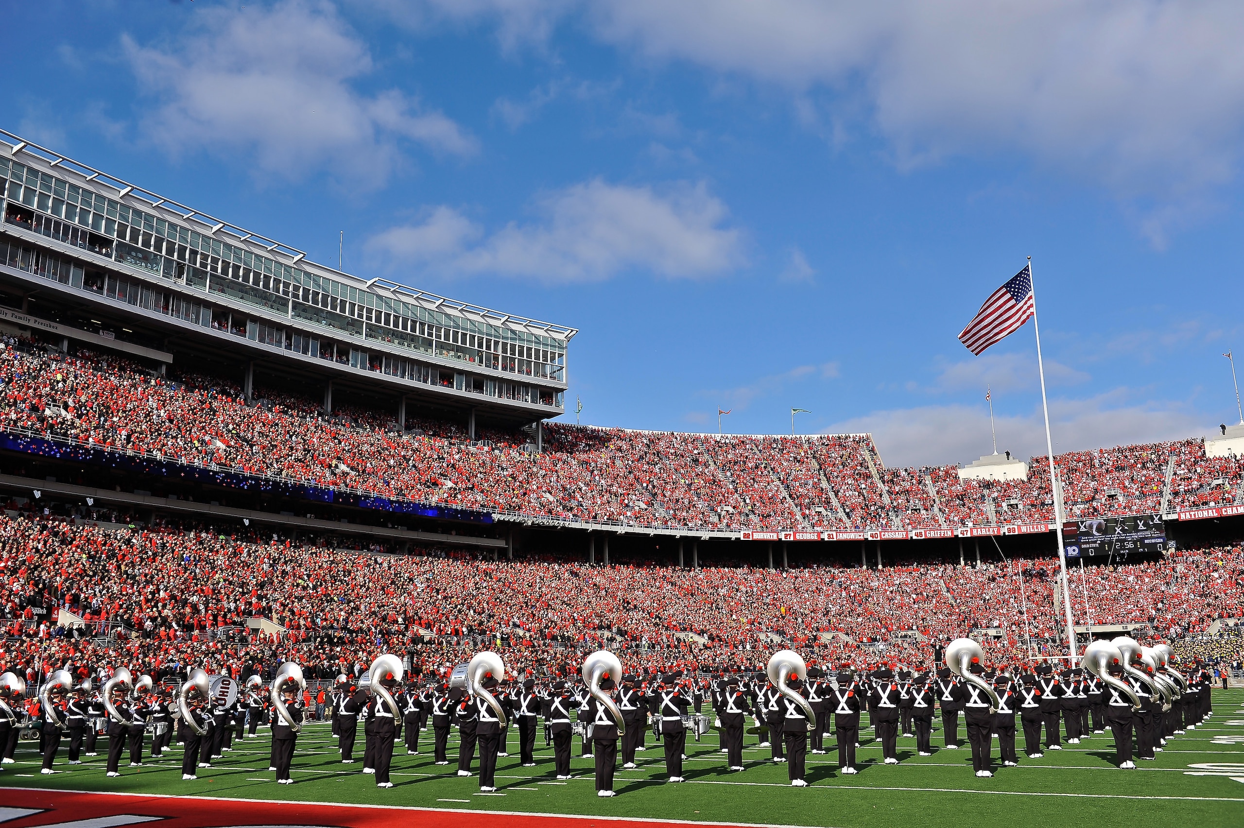 COLUMBUS, OH - NOVEMBER 27:  The Ohio State University Marching Band performs the U.S. National Anthem before a game against the Michigan Wolverines at Ohio Stadium on November 27, 2010 in Columbus, Ohio.  (Photo by Jamie Sabau/Getty Images)