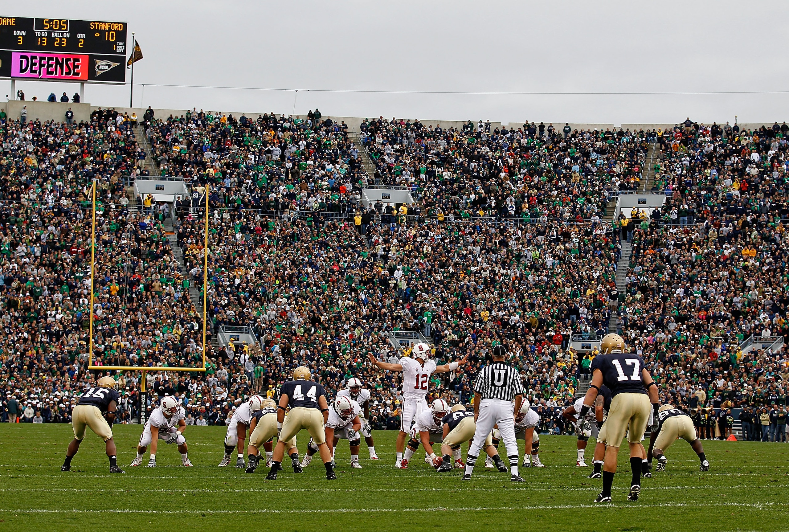 SOUTH BEND, IN - SEPTEMBER 25: Andrew Luck #12 of the Stanford Cardinal calls a play against the Notre Dame Fighting Irish at Notre Dame Stadium on September 25, 2010 in South Bend, Indiana. Stanford defeated Notre Dame 37-14. (Photo by Jonathan Daniel/Ge