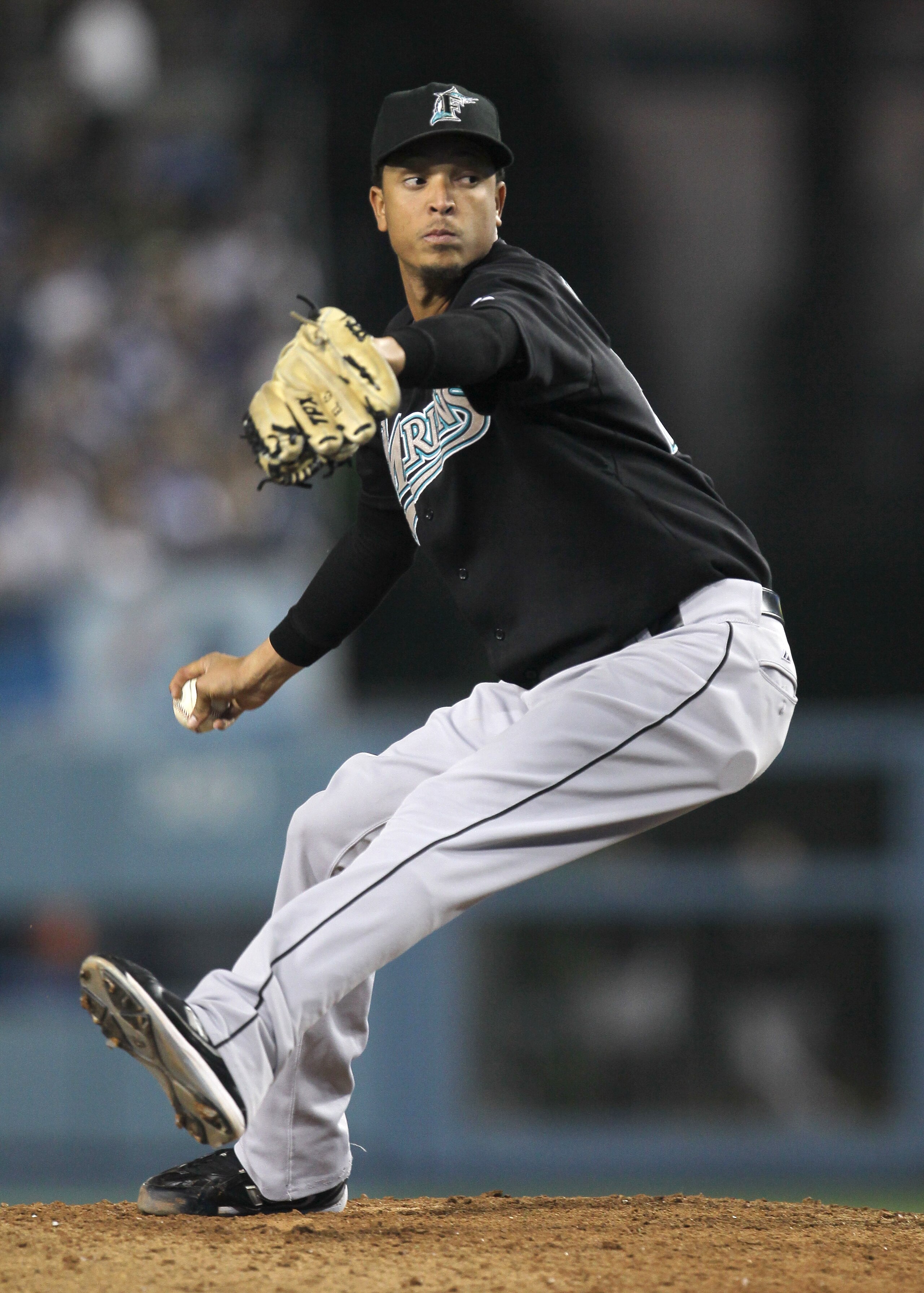 LOS ANGELES, CA - JULY 05:  Relief pitcher Leo Nunez #46 of the Florida Marlins pitches in the ninth inning on his way to picking up the save against the Los Angeles Dodgers on July 5, 2010 at Dodger Stadium in Los Angeles, California. The Marlins won 6-5