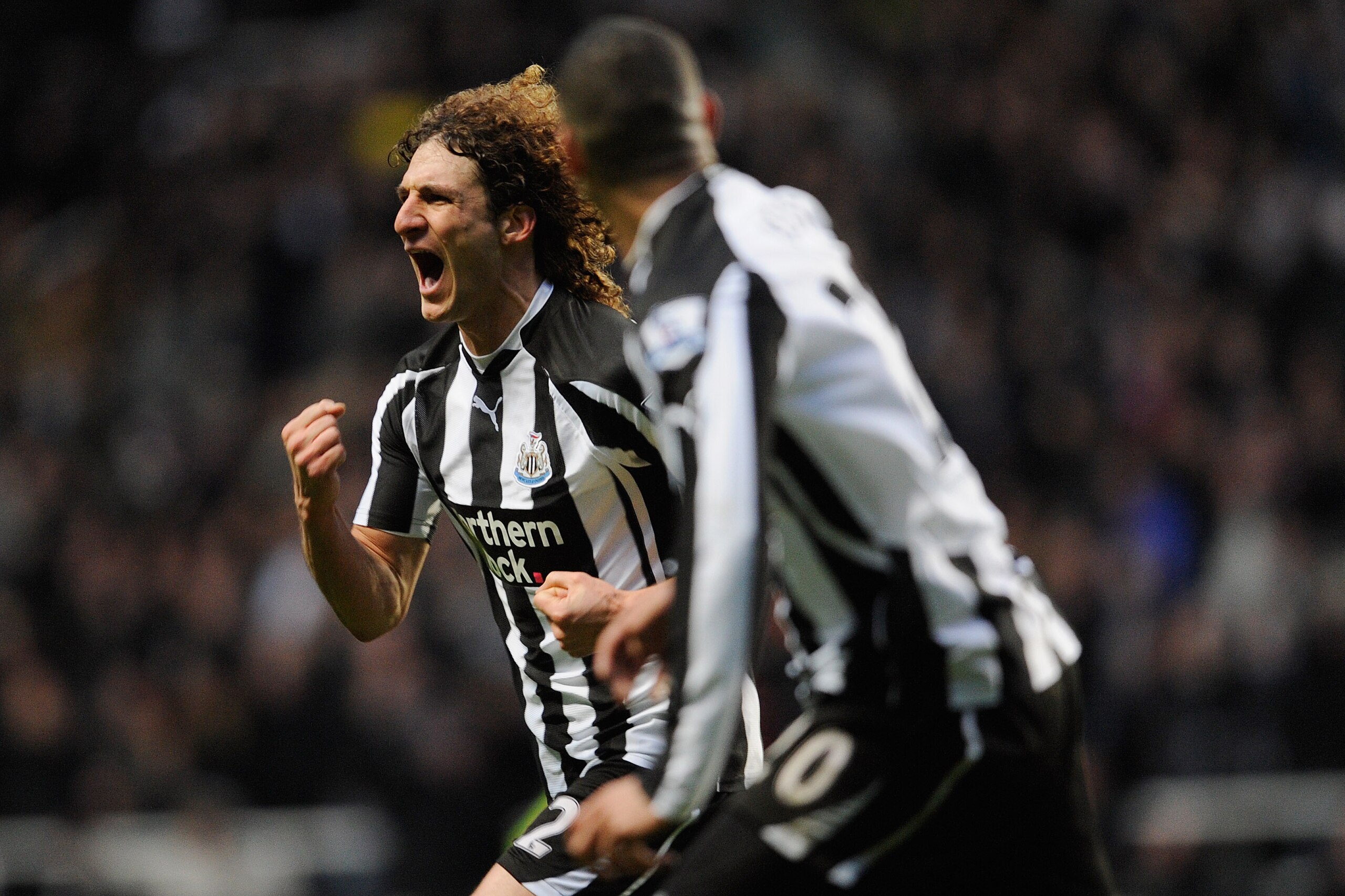 NEWCASTLE UPON TYNE, ENGLAND - JANUARY 22:  Fabricio Coloccini of Newcastle celebrates scoring to make it 1-0 during the Barclays Premier League match between Newcastle United and Tottenham Hotspur at St James' Park on January 22, 2011 in Newcastle upon T