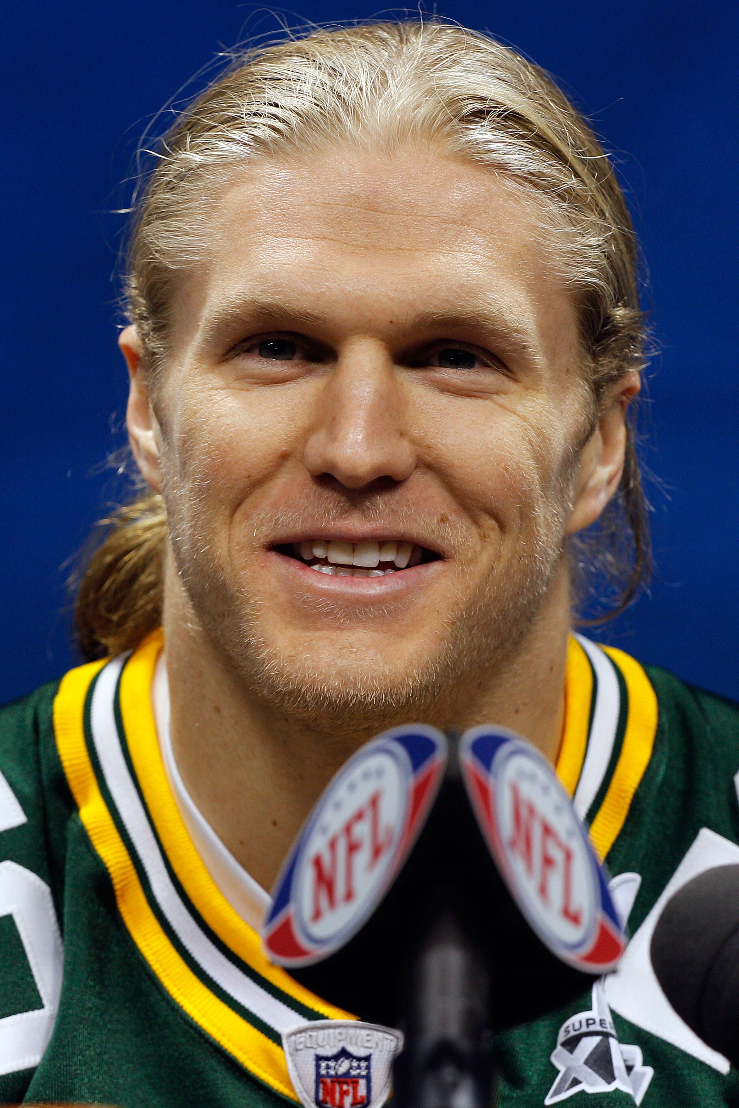 ARLINGTON, TX - FEBRUARY 01:  Clay Matthews #52 of the Green Bay Packers addresses the media during Super Bowl XLV Media Day ahead of Super Bowl XLV at Cowboys Stadium on February 1, 2011 in Arlington, Texas. The Pittsburgh Steelers will play the Green Ba