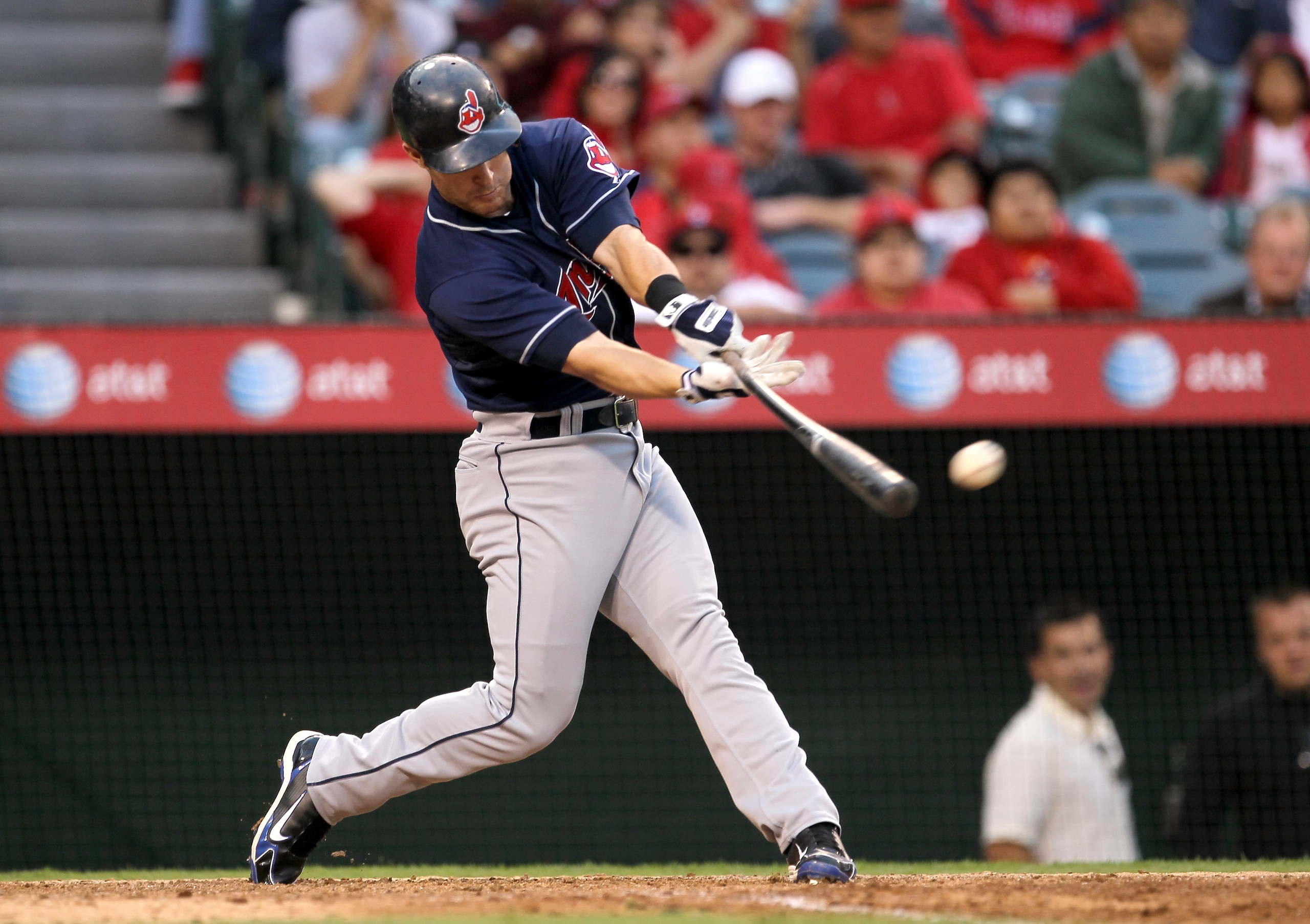 ANAHEIM, CA - SEPTEMBER 8:  Pinch hitterJayson Nix #12 of the Cleveland Indians singles in the tying run in the ninth inning against the Los Angeles Angels of Anaheim on September 8, 2010 at Angel Stadium in Anaheim, California.  (Photo by Stephen Dunn/Ge